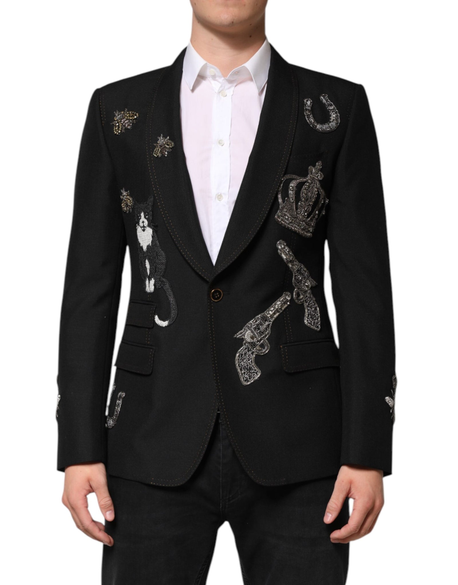 Dolce &amp; Gabbana Black Bee Crown Embellished Suit Coat Blazer