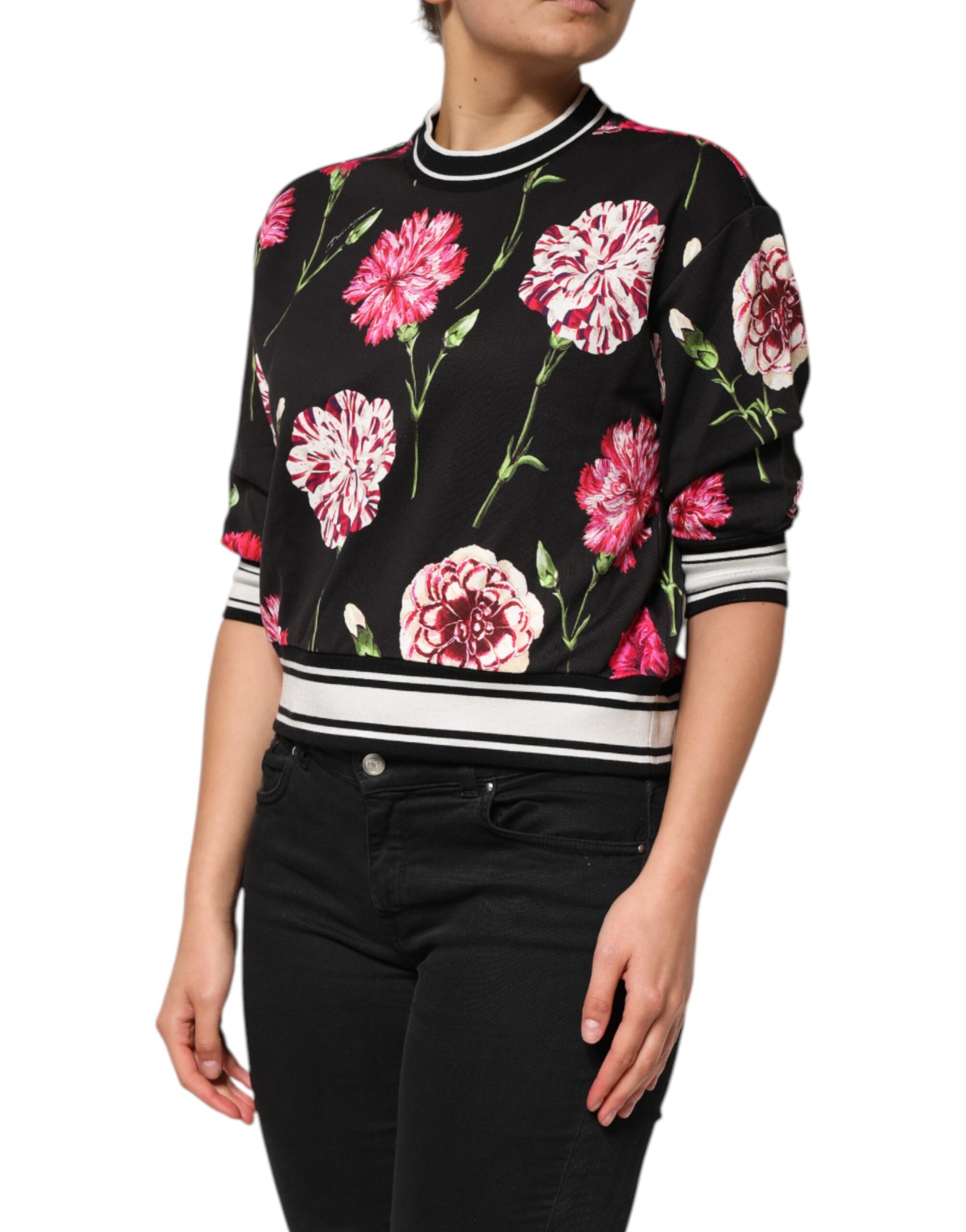 Haut à manches courtes en coton noir à imprimé floral Dolce & Gabbana