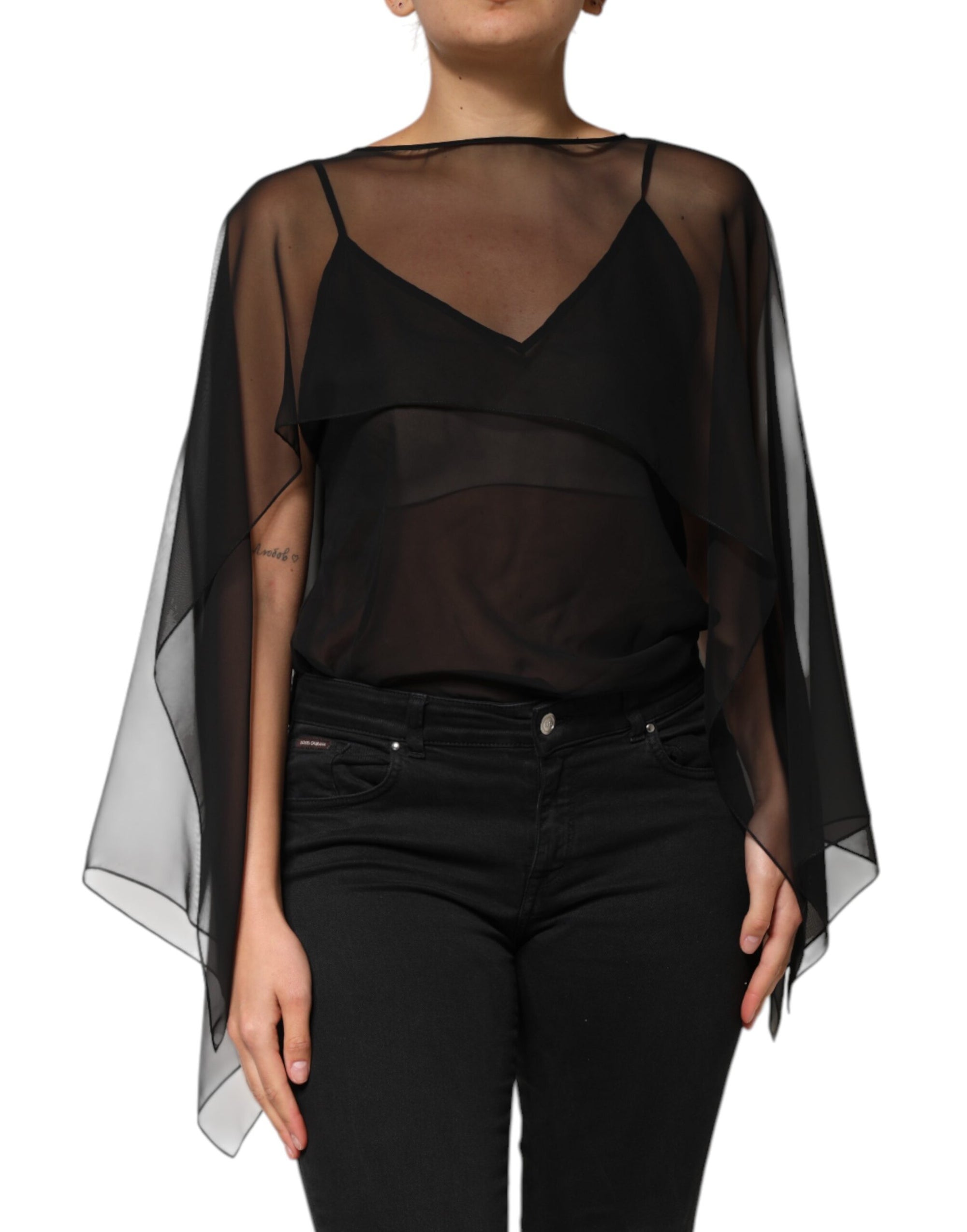 Dolce & Gabbana Chemisier en mousseline de soie noire transparente et dentelle