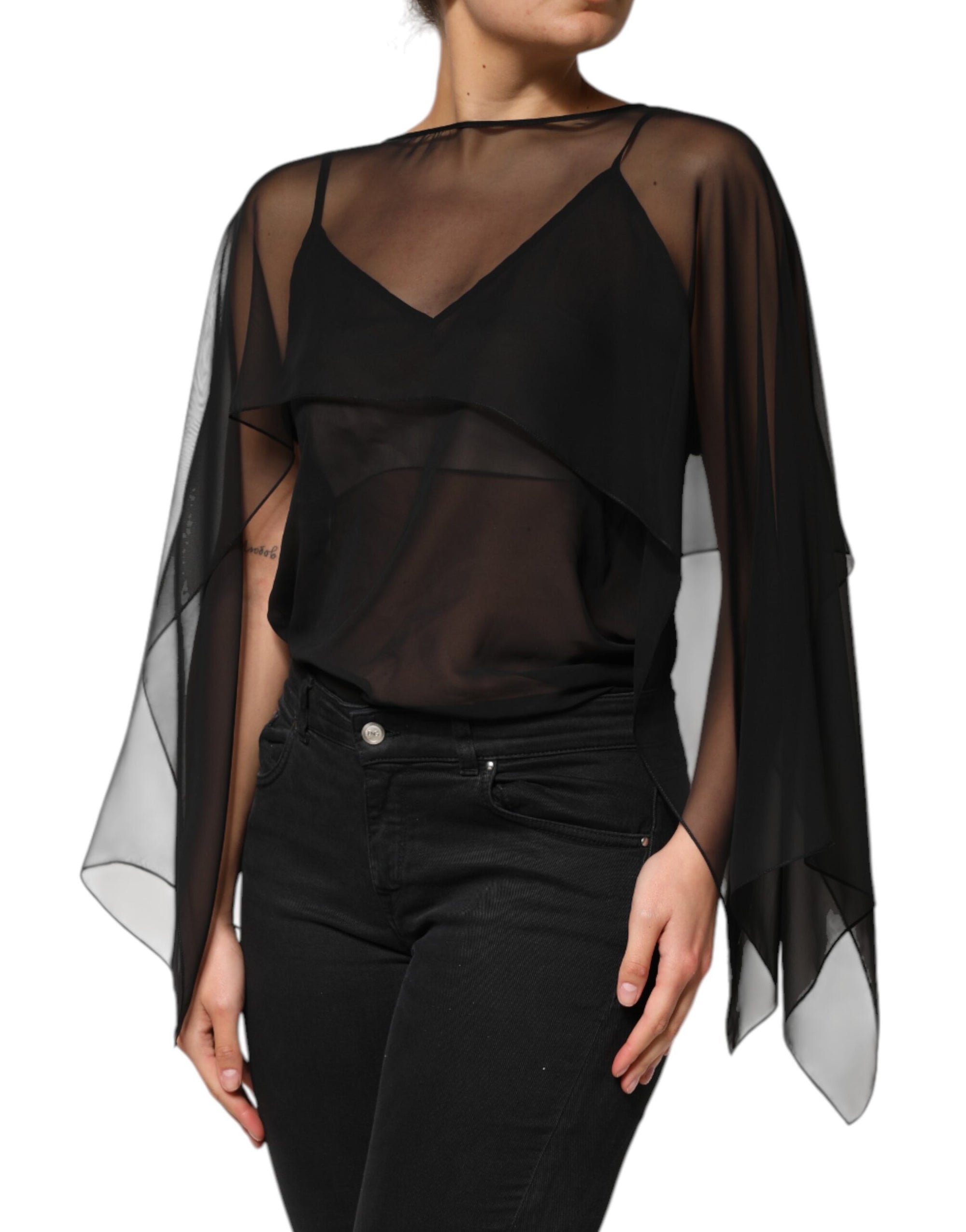 Dolce & Gabbana Chemisier en mousseline de soie noire transparente et dentelle