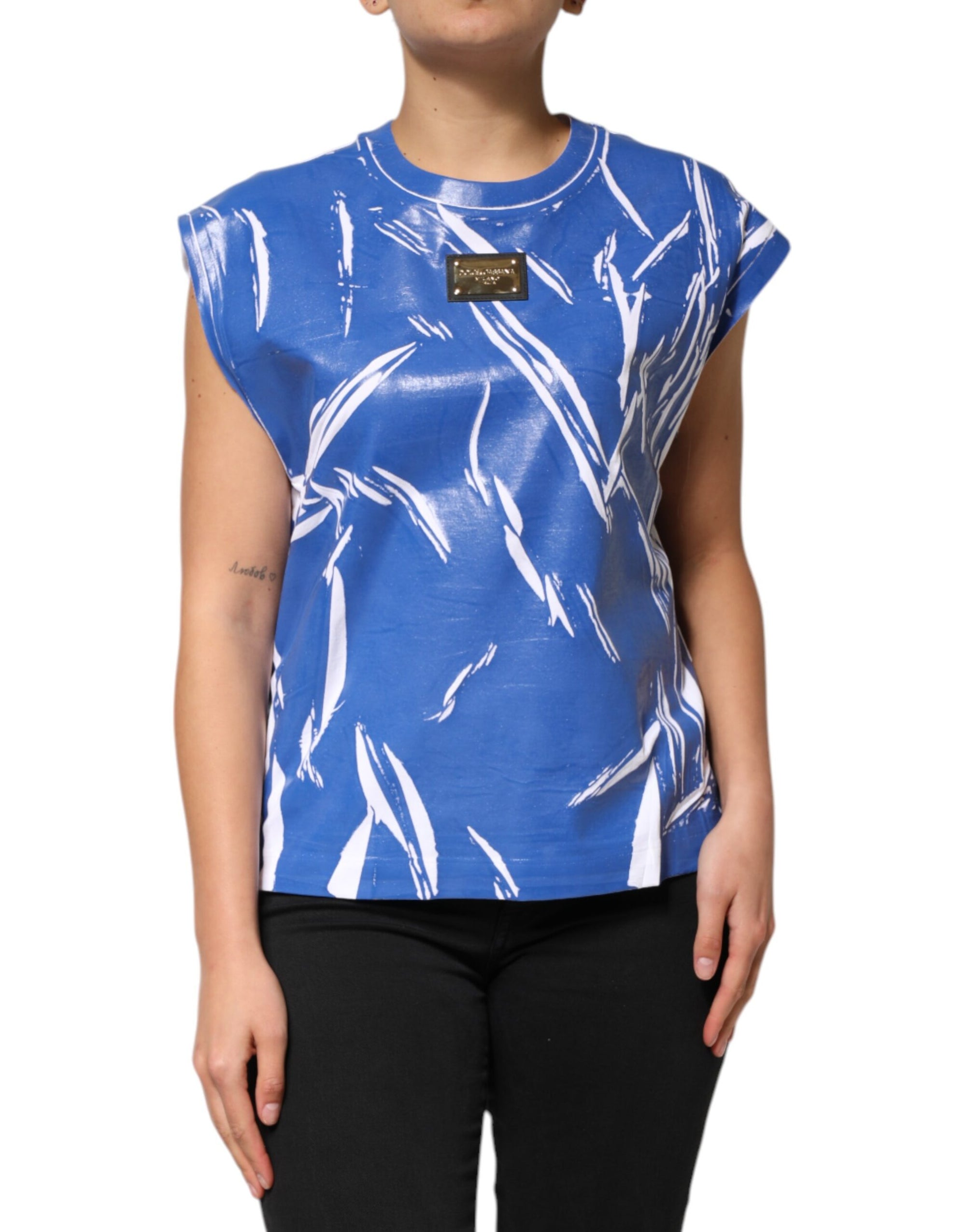 Débardeur Dolce & Gabbana en coton bleu et blanc avec plaque logo pour femme