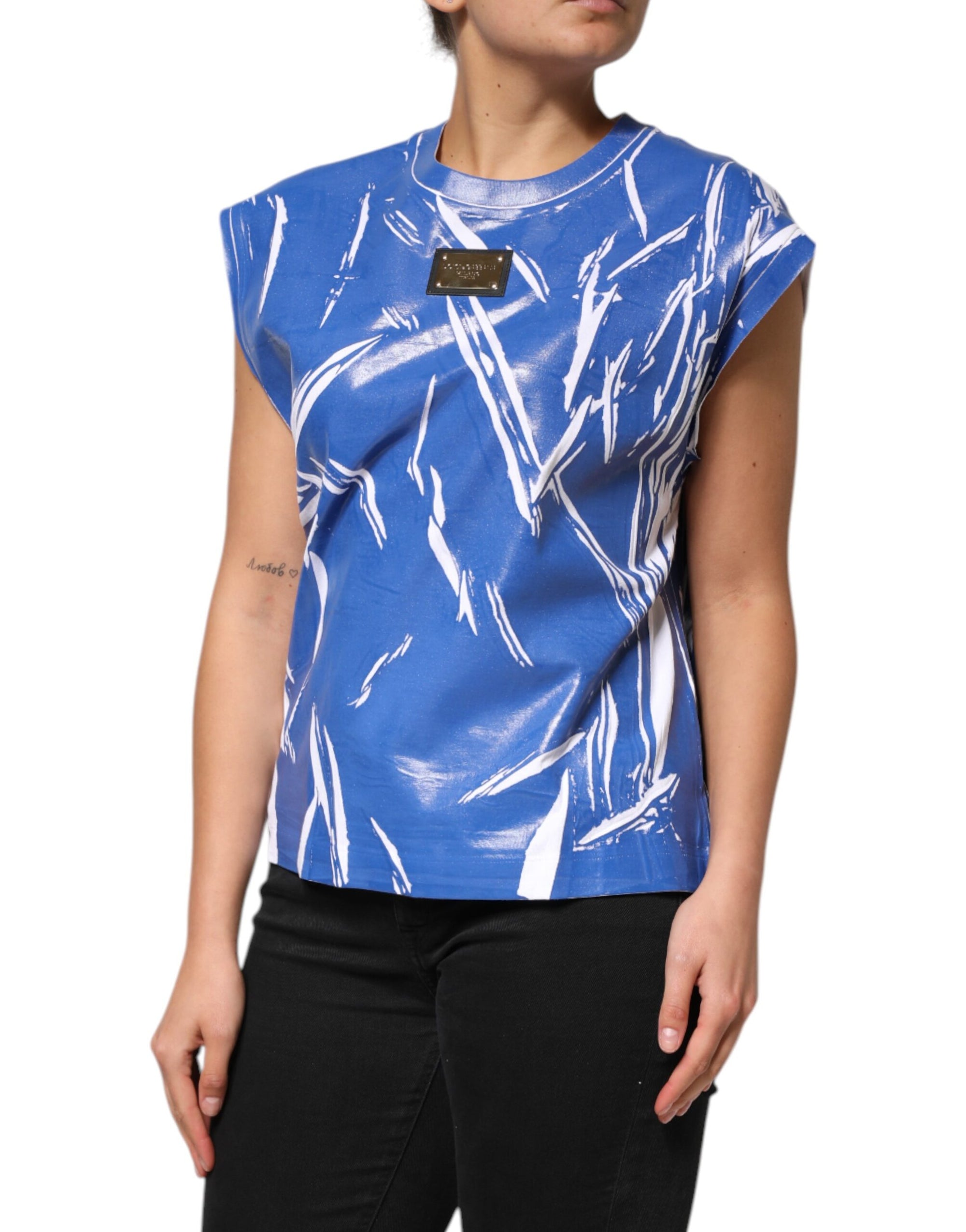 Débardeur Dolce & Gabbana en coton bleu et blanc avec plaque logo pour femme