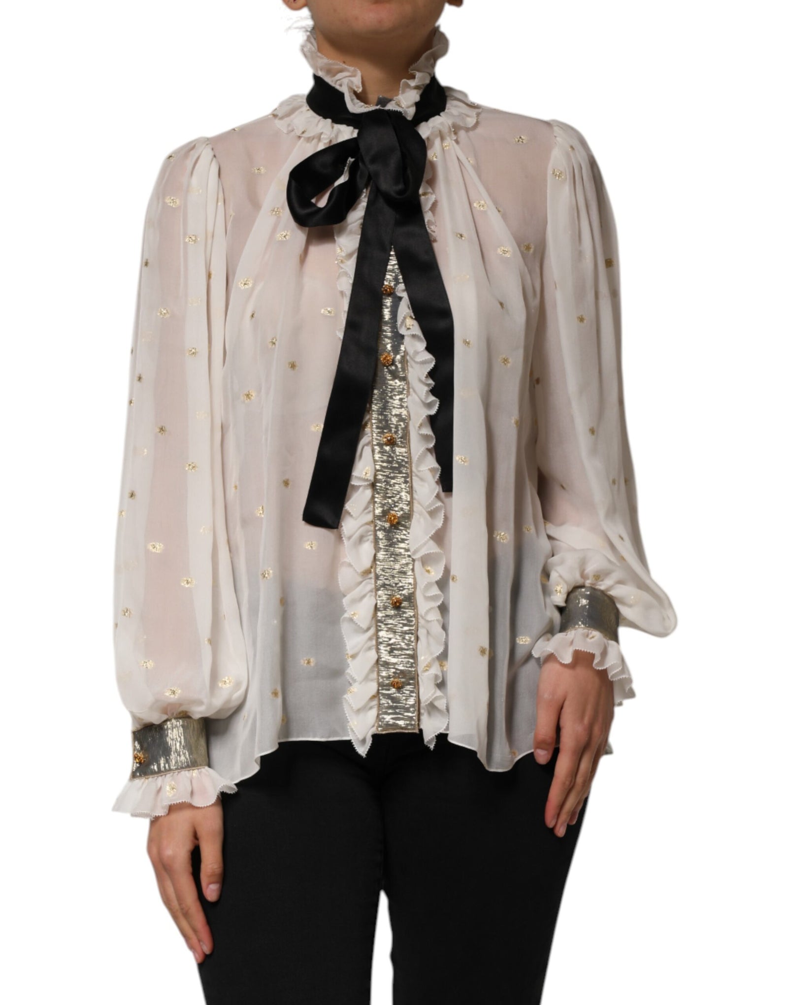 Dolce & Gabbana Haut à manches longues et col Ascot en soie blanc et noir