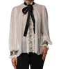 Dolce & Gabbana White Black Silk Long Sleeve Ascot Collar Top