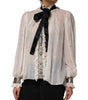 Dolce & Gabbana White Black Silk Long Sleeve Ascot Collar Top