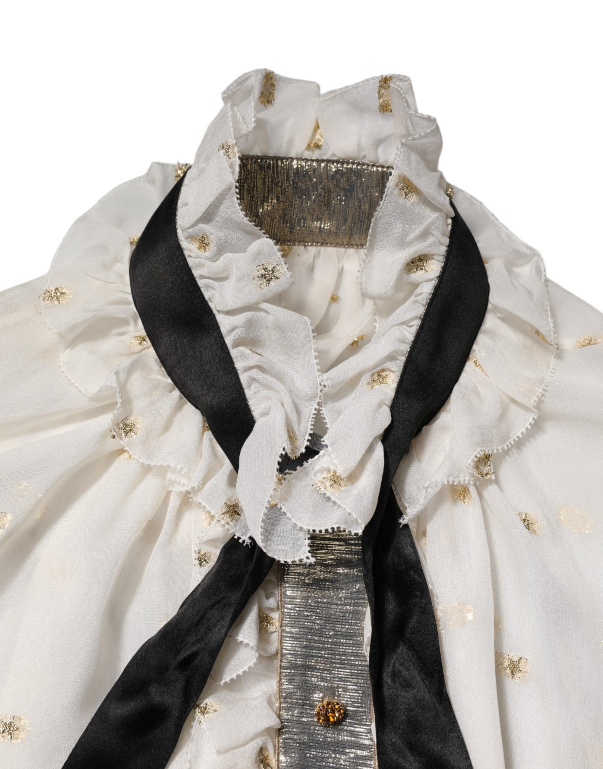 Dolce & Gabbana White Black Silk Long Sleeve Ascot Collar Top