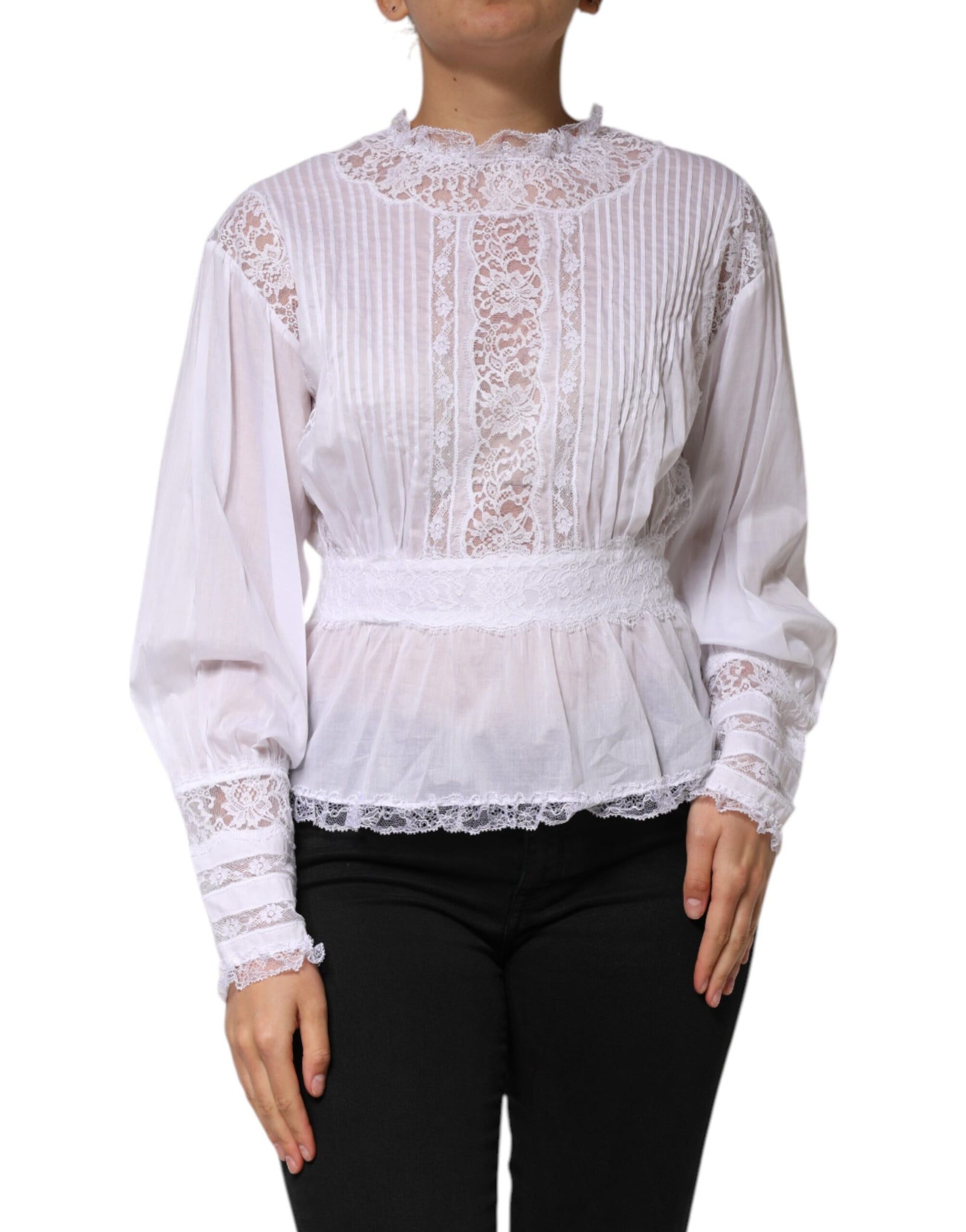 Haut à manches longues en coton blanc et dentelle florale Dolce & Gabbana