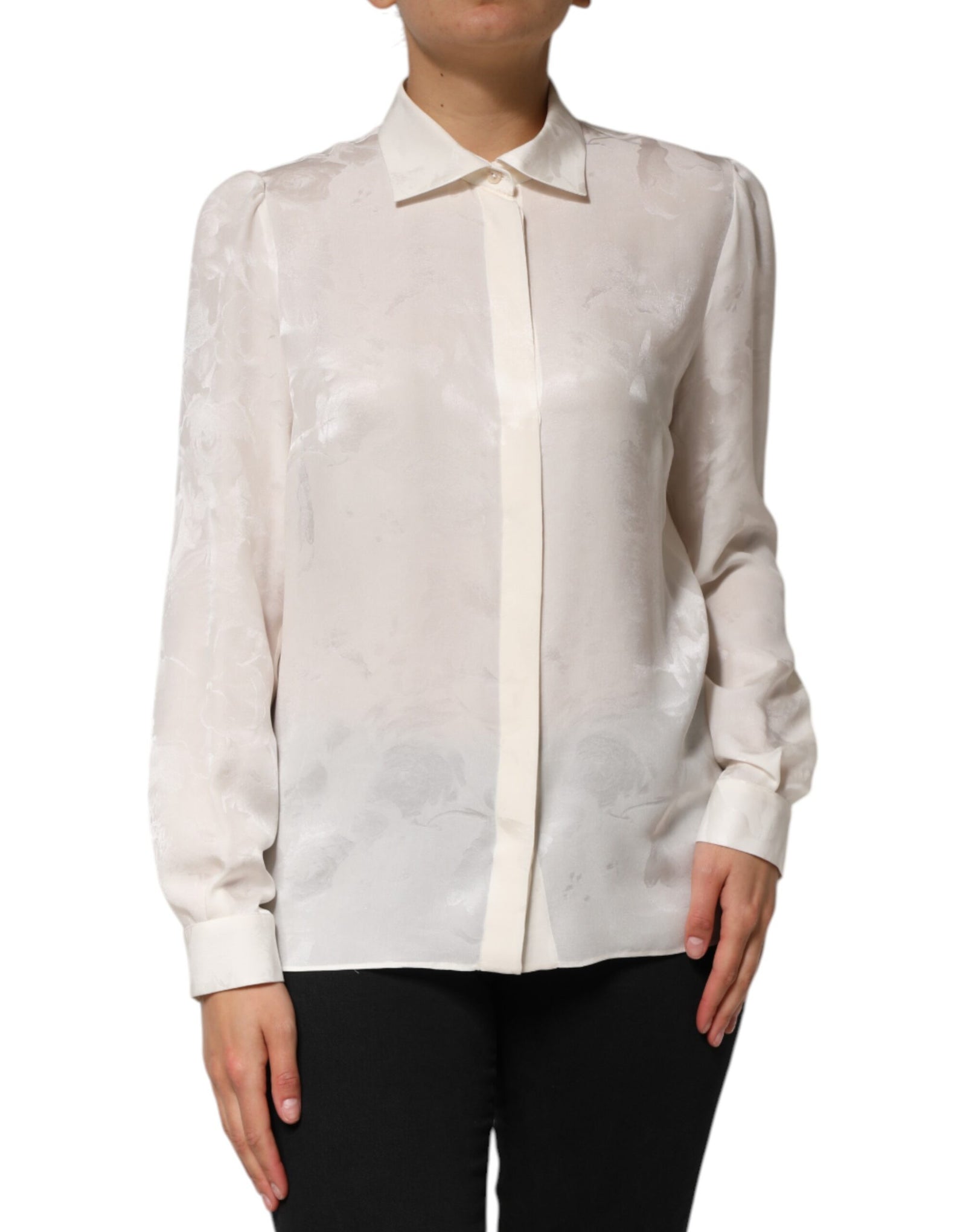 Dolce & Gabbana - Haut chemise à manches longues et col en soie blanche
