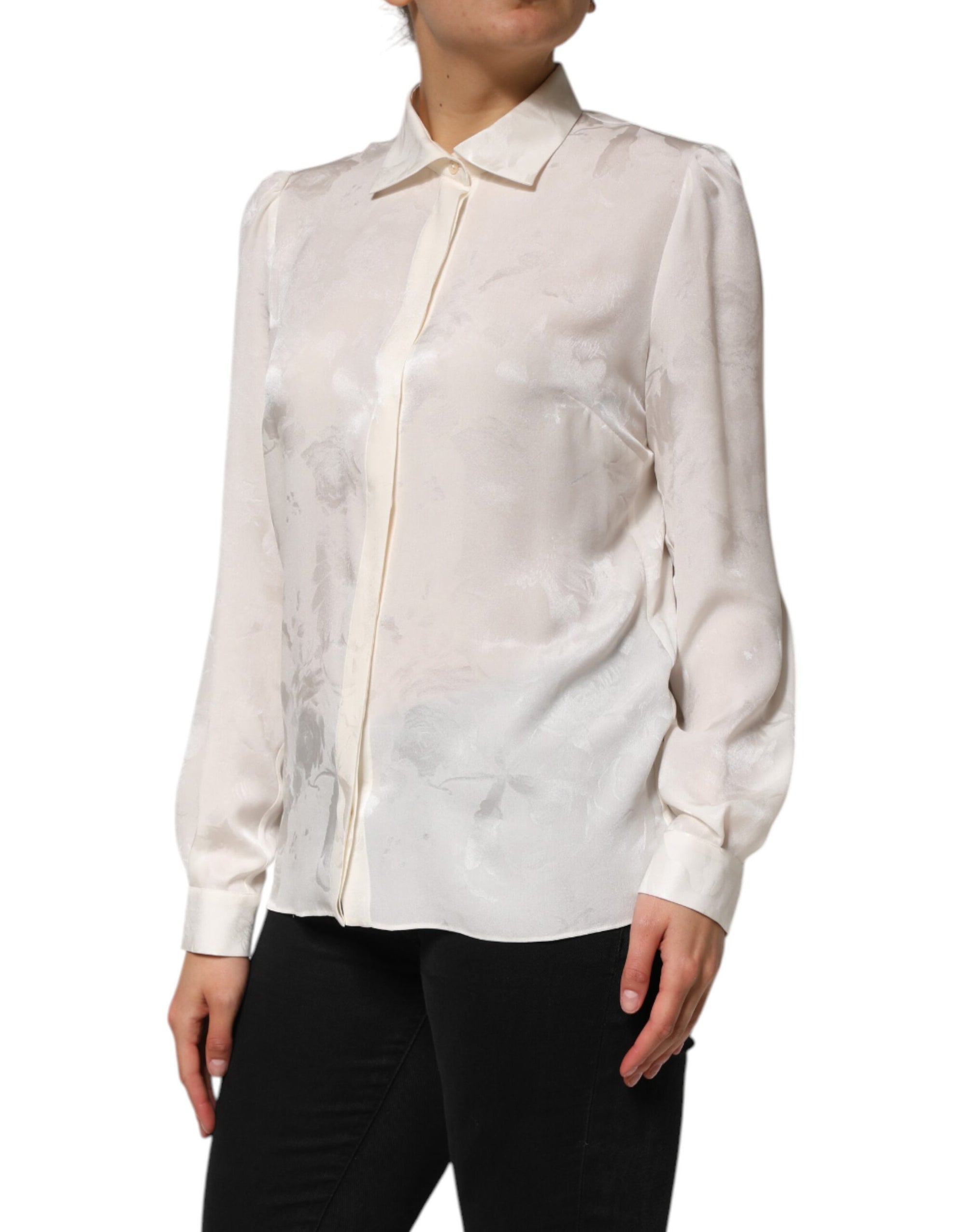 Dolce & Gabbana - Haut chemise à manches longues et col en soie blanche