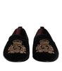 Dolce & Gabbana Black Velvet Gold Crown Mens Loafers Shoes