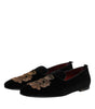Dolce & Gabbana Black Velvet Gold Crown Mens Loafers Shoes