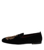 Dolce & Gabbana Black Velvet Gold Crown Mens Loafers Shoes