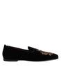 Dolce & Gabbana Black Velvet Gold Crown Mens Loafers Shoes