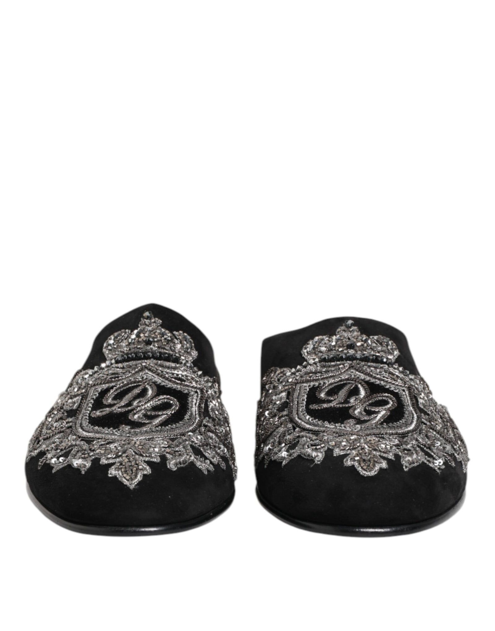 Dolce &amp; Gabbana Black Velvet Slides DG Crown Slipper Shoes