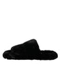 Dolce & Gabbana Black Faux Fur Flats Men Sandals Shoes