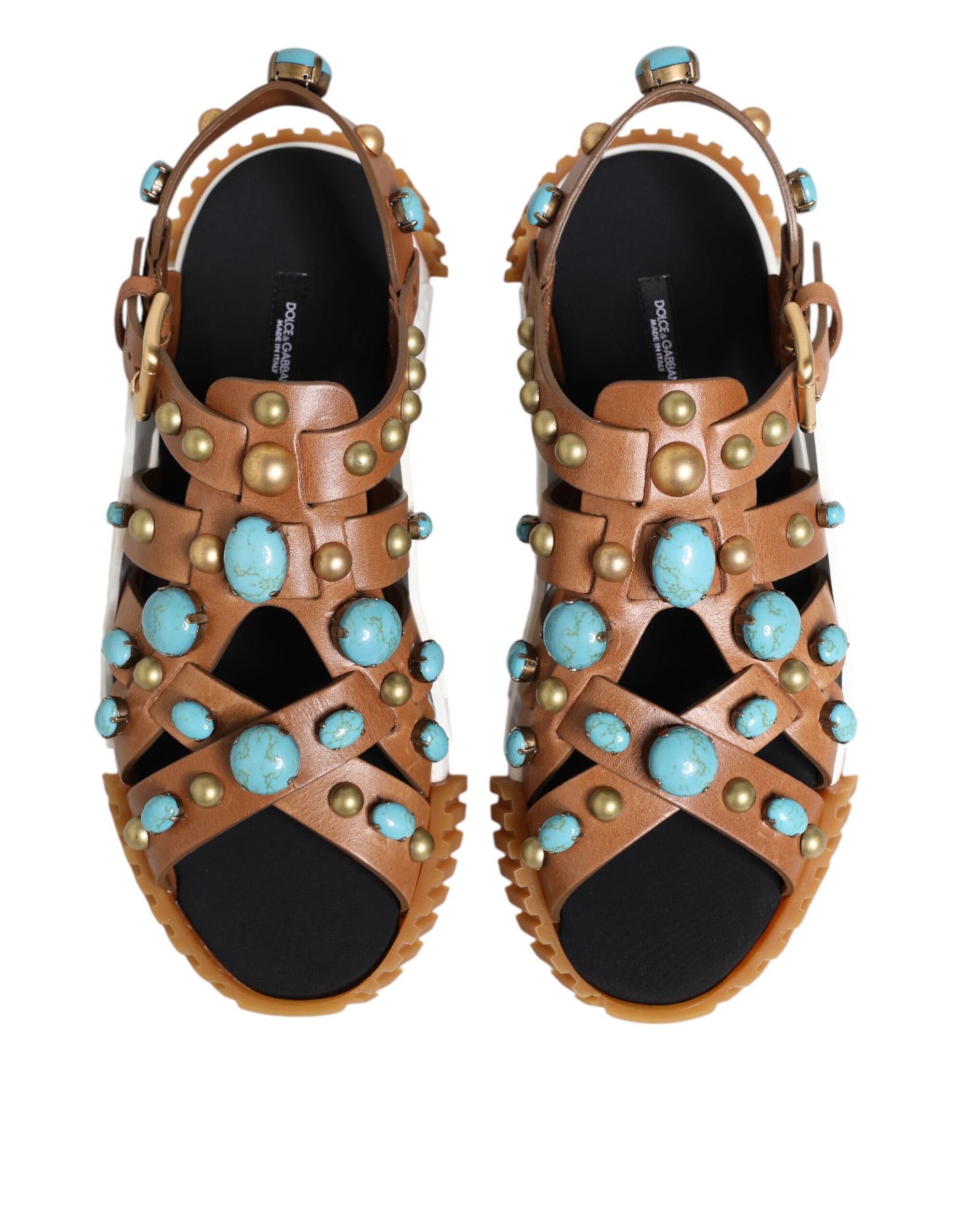 Dolce & Gabbana Brown Leather Studded Slides Sandals Shoes