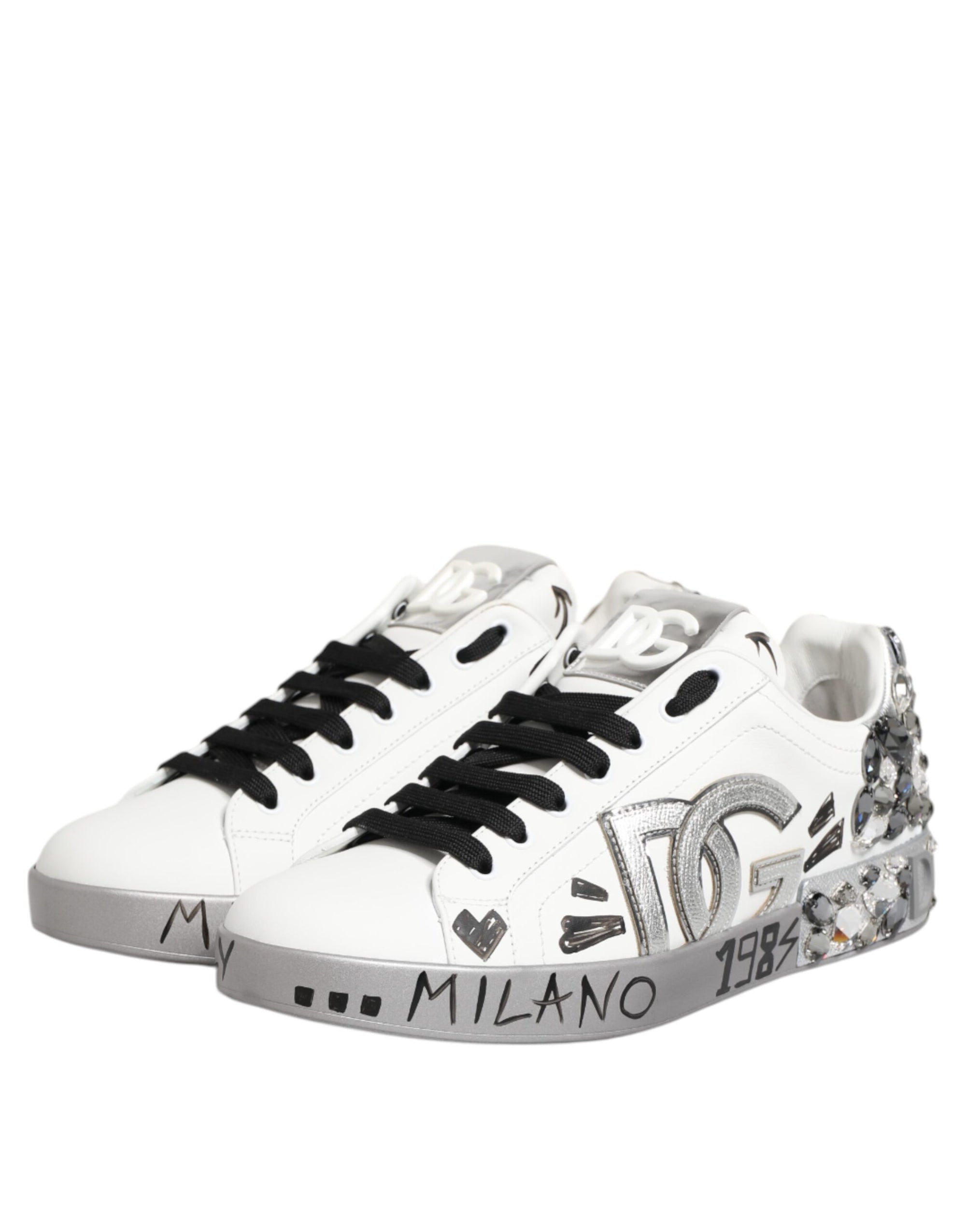 Dolce & Gabbana White Leather Crystal Portofino Sneakers Shoes