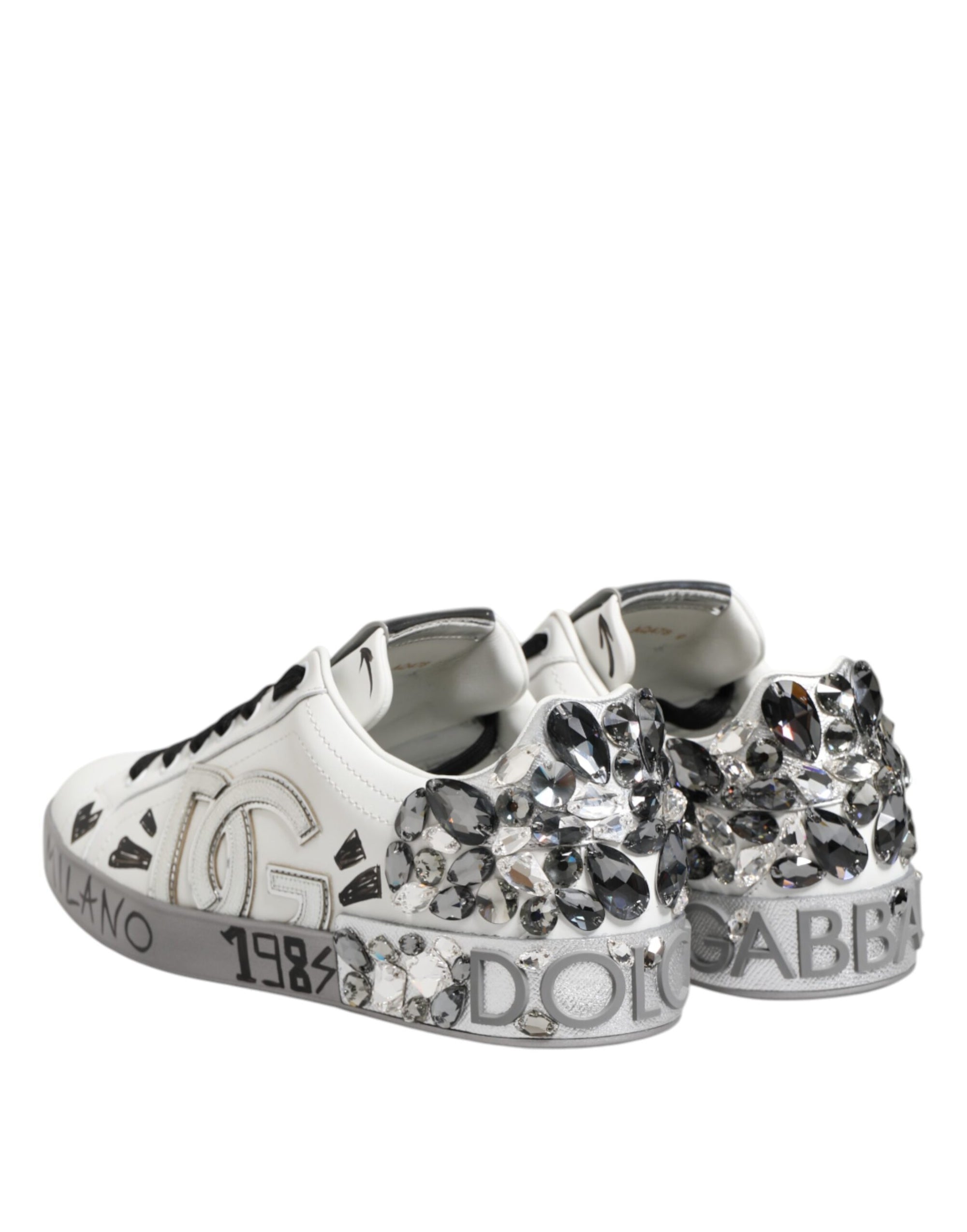 Dolce & Gabbana White Leather Crystal Portofino Sneakers Shoes