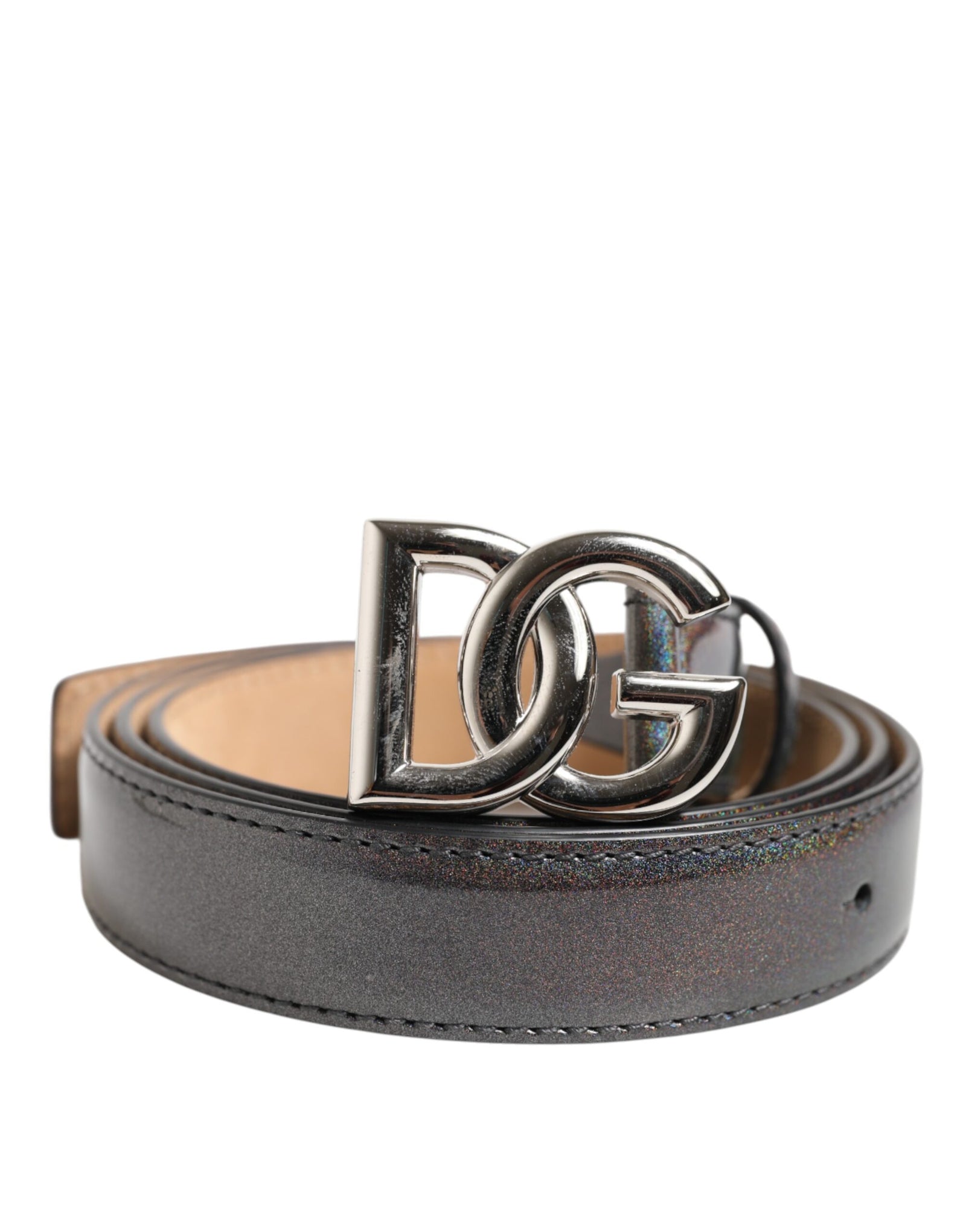 Dolce &amp; Gabbana Metallic Leather Silver Tone Logo Buckle Belt