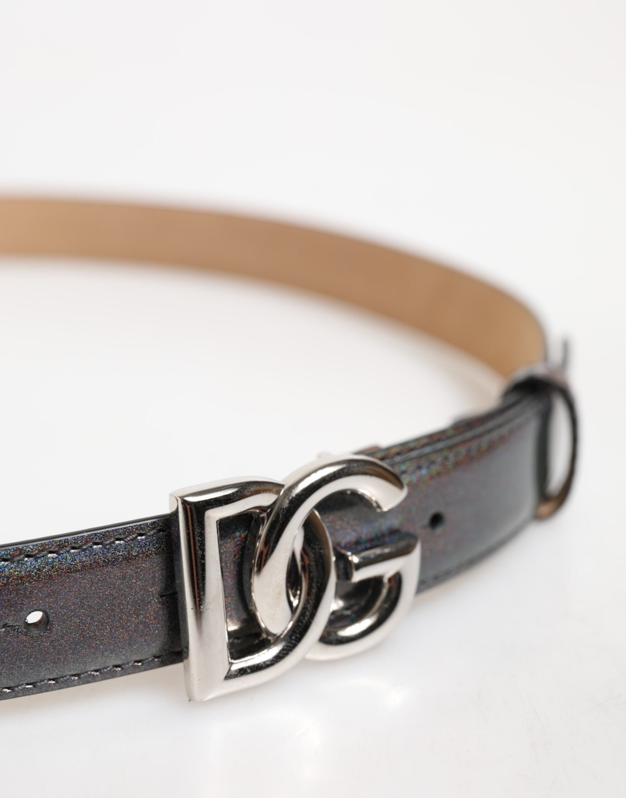 Dolce &amp; Gabbana Metallic Leather Silver Tone Logo Buckle Belt