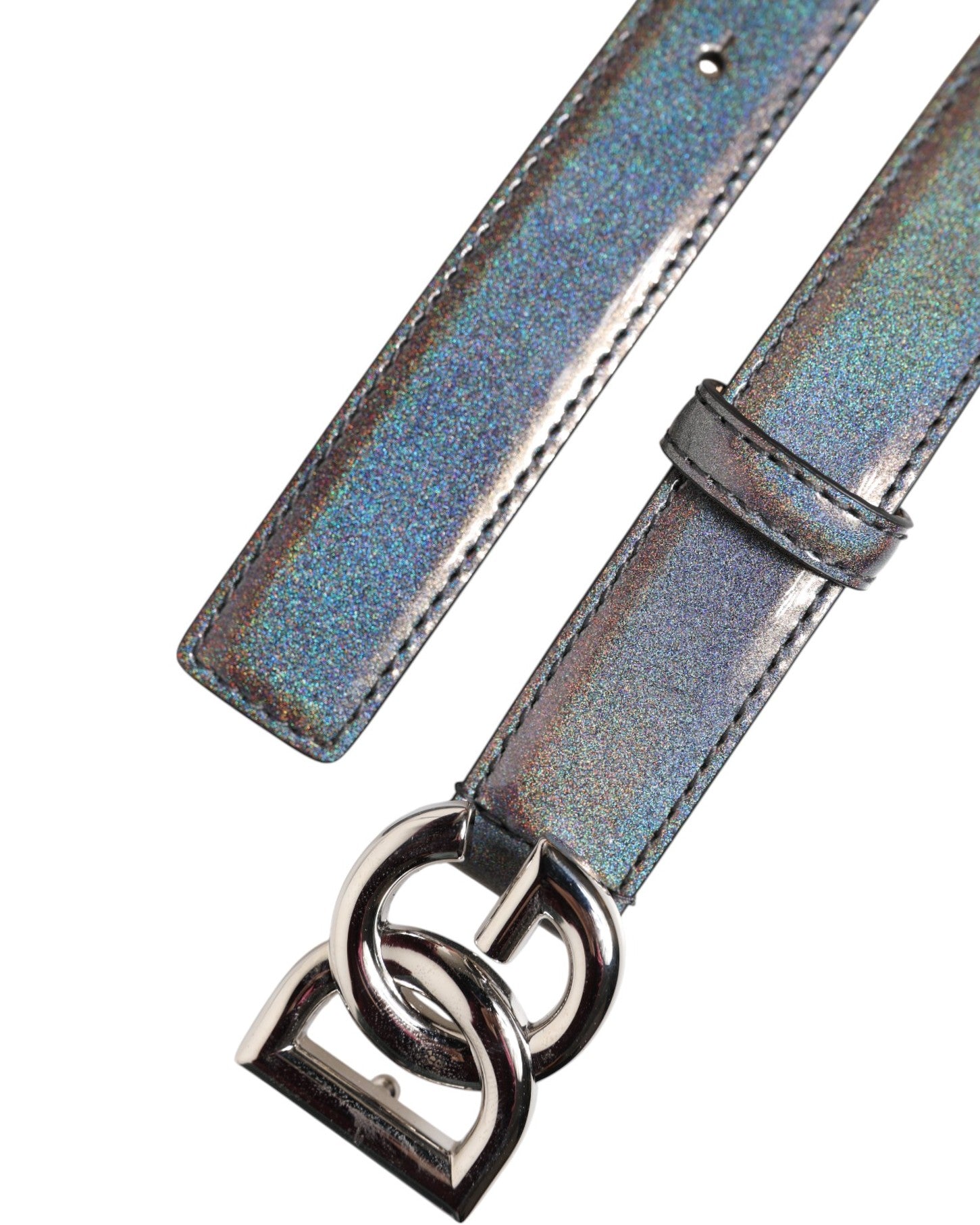 Dolce &amp; Gabbana Metallic Leather Silver Tone Logo Buckle Belt
