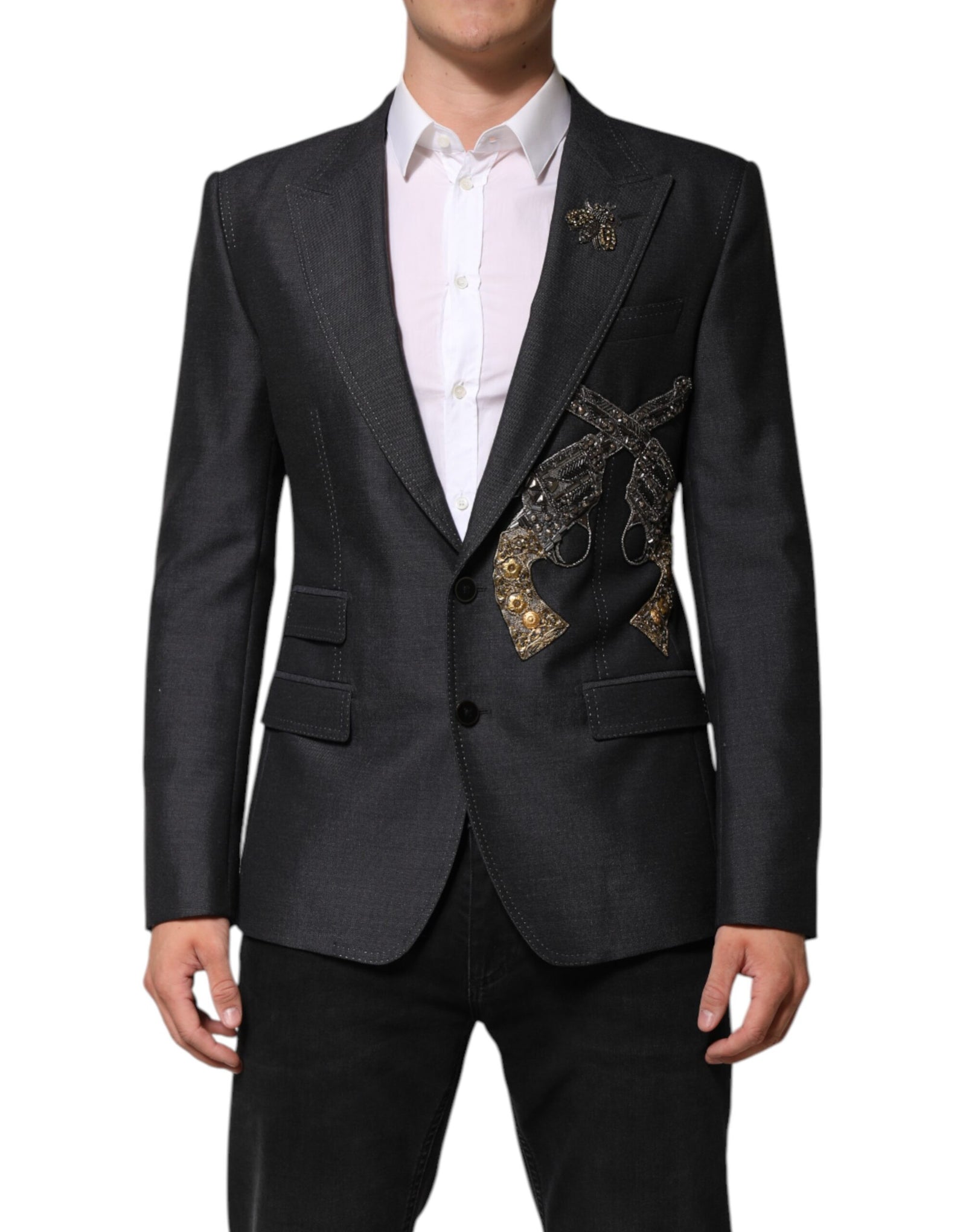 Dolce &amp; Gabbana Dark Gray Bee Embroidery Wool Coat Blazer