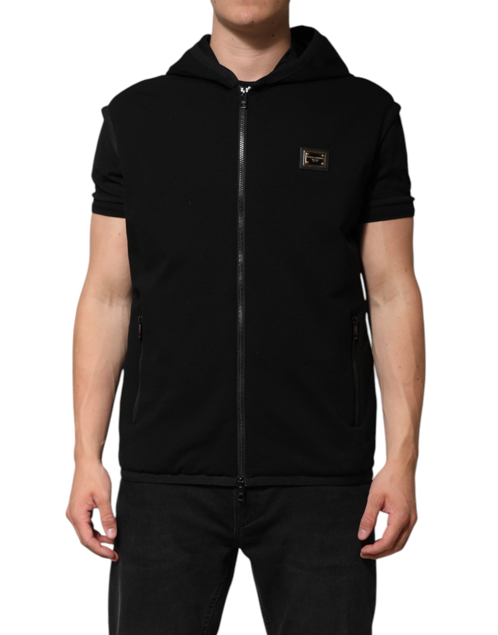 Veste à capuche noire sans manches avec logo Dolce &amp; Gabbana