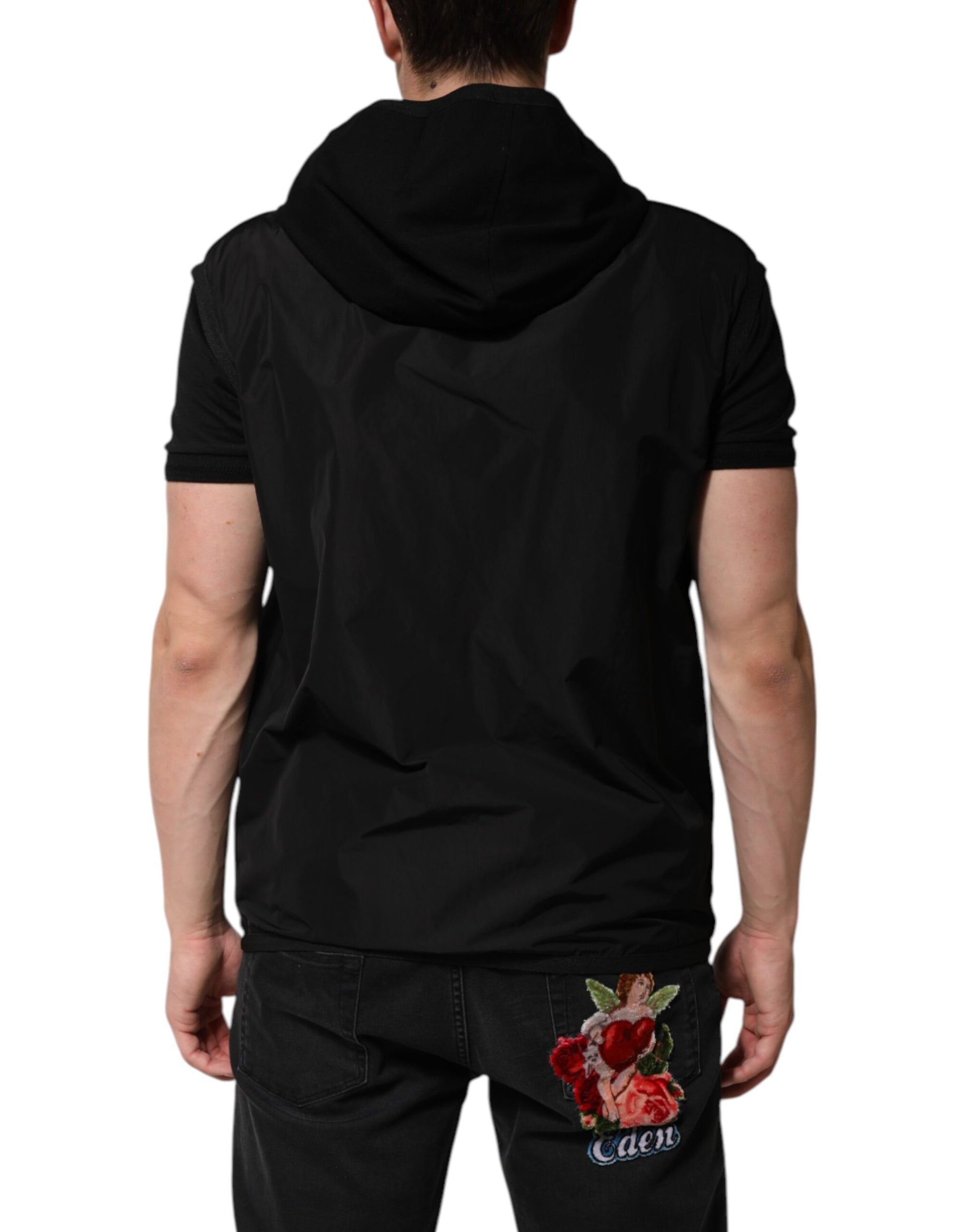 Dolce & Gabbana Black Sleeveless Hooded Logo Plaque Jacket