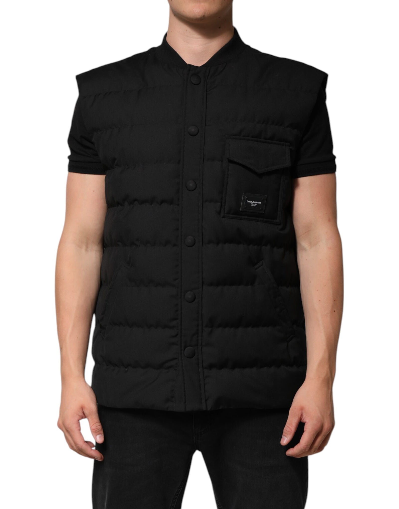 Parka noire sans manches avec plaque logo Dolce &amp; Gabbana