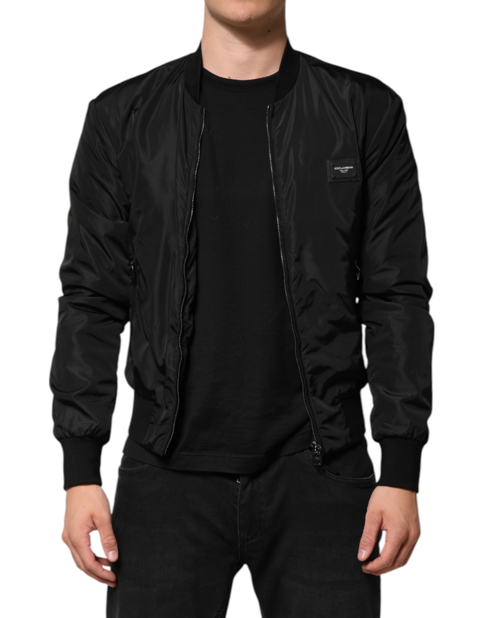 Veste bomber Dolce &amp; Gabbana en nylon noir avec plaque logo pour homme