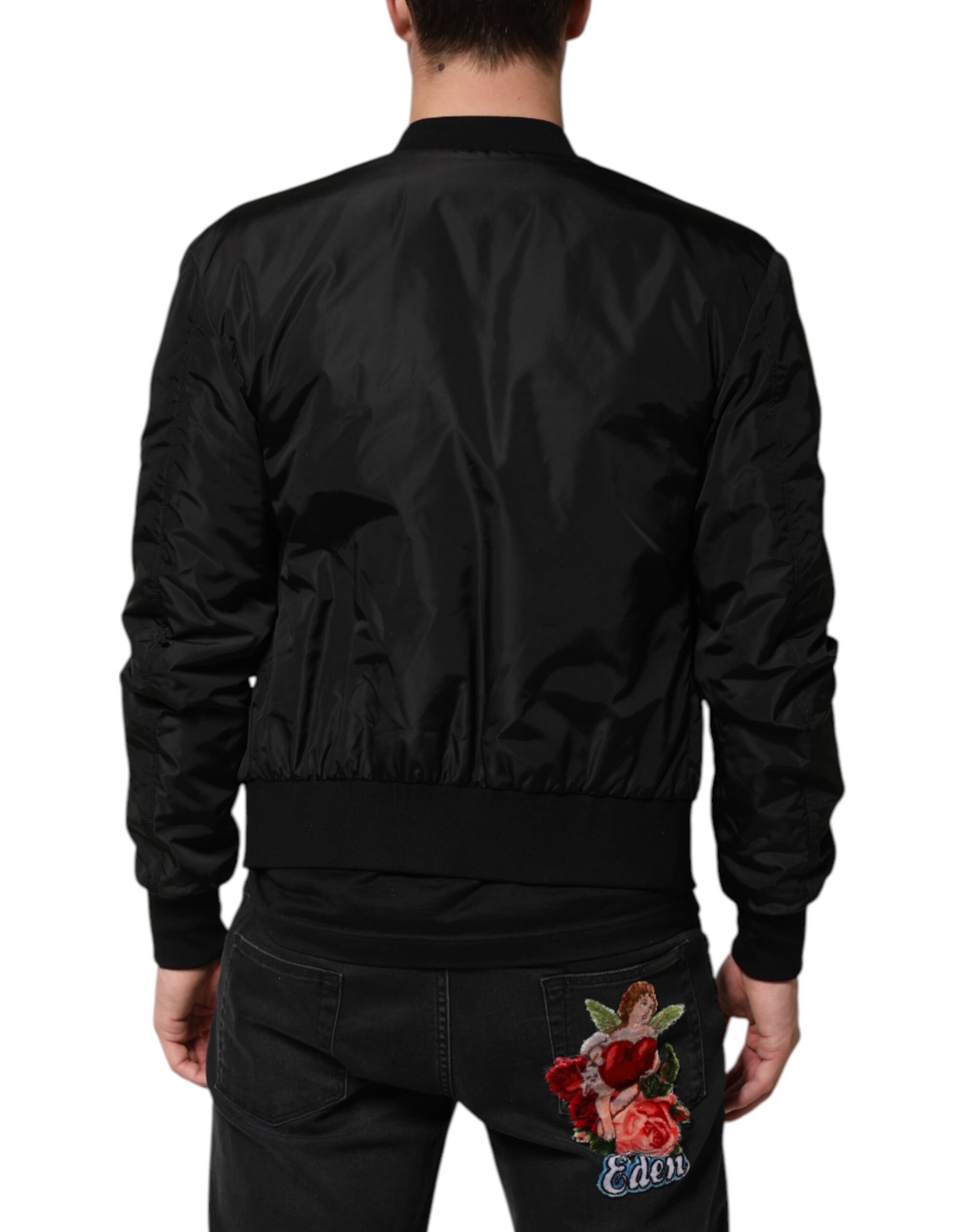 Dolce & Gabbana Black Nylon Logo Plaque Men Bomber Jacket