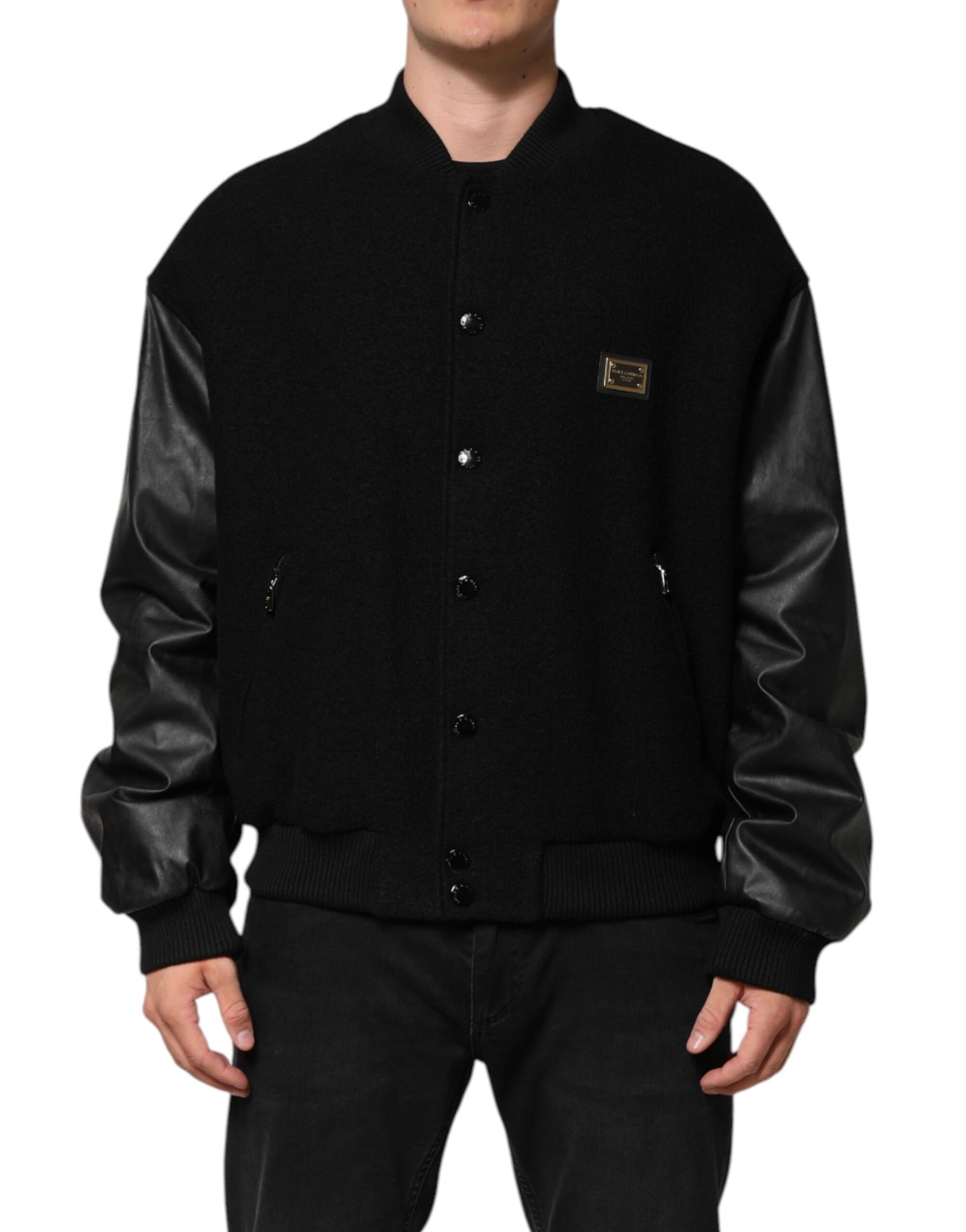 Veste bomber en laine noire avec plaque logo Dolce &amp; Gabbana