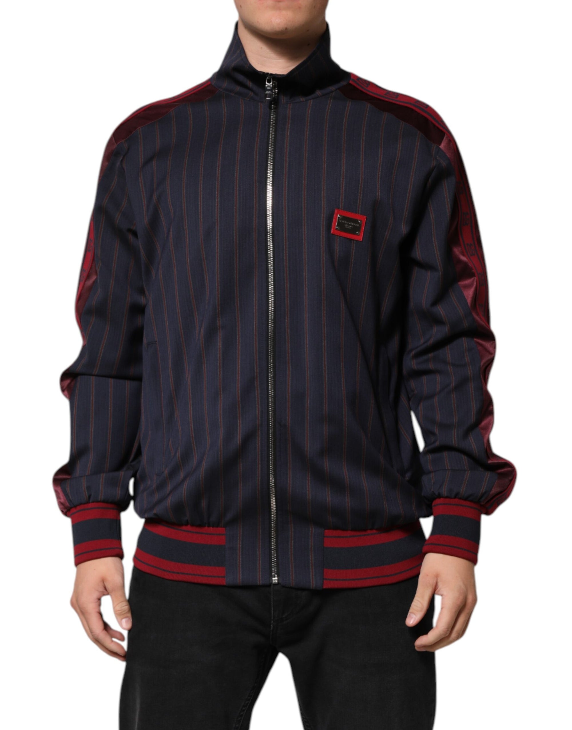 Veste zippée intégrale Dolce &amp; Gabbana à rayures bleues et rouges avec logo et plaque