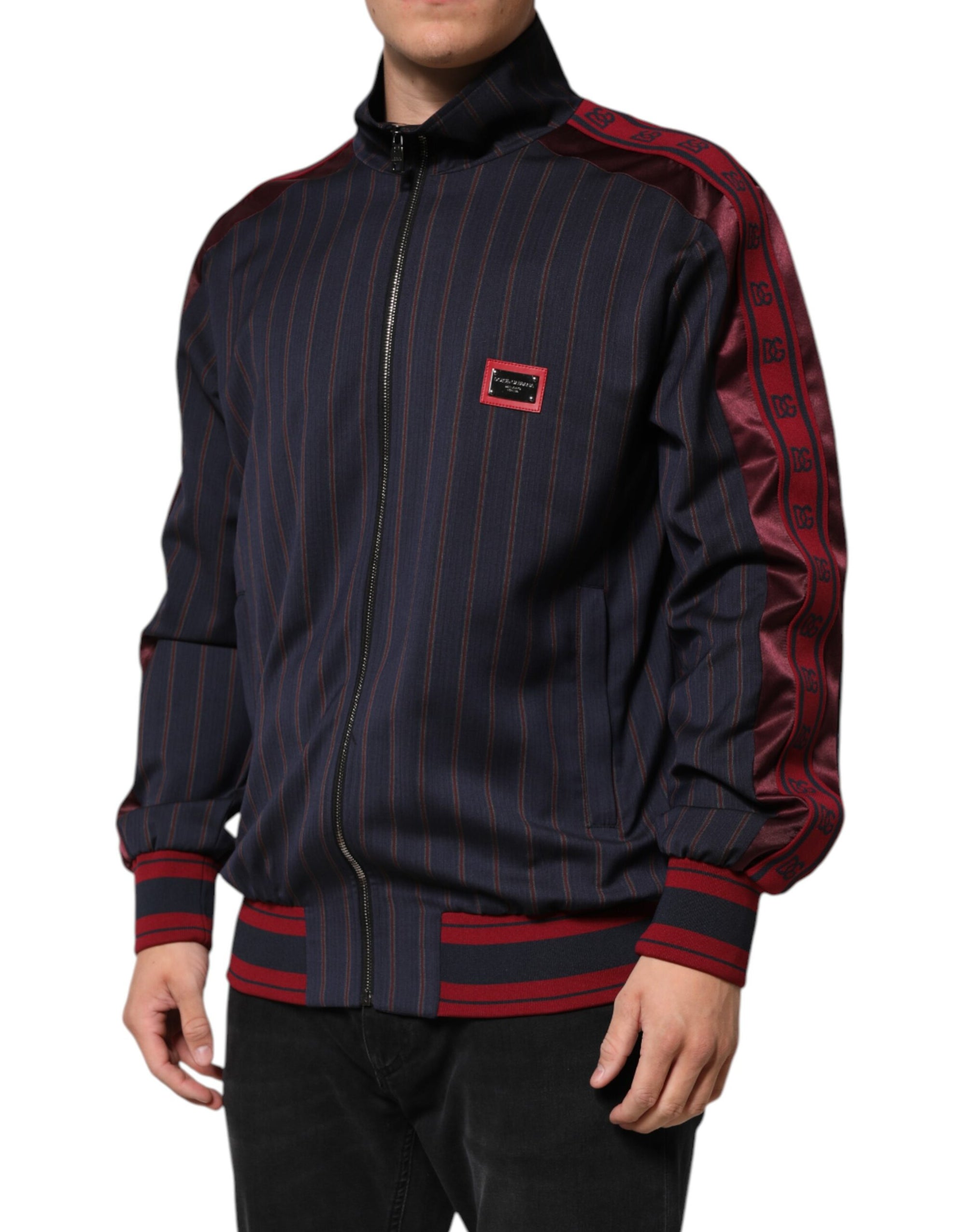 Veste zippée intégrale Dolce &amp; Gabbana à rayures bleues et rouges avec logo et plaque