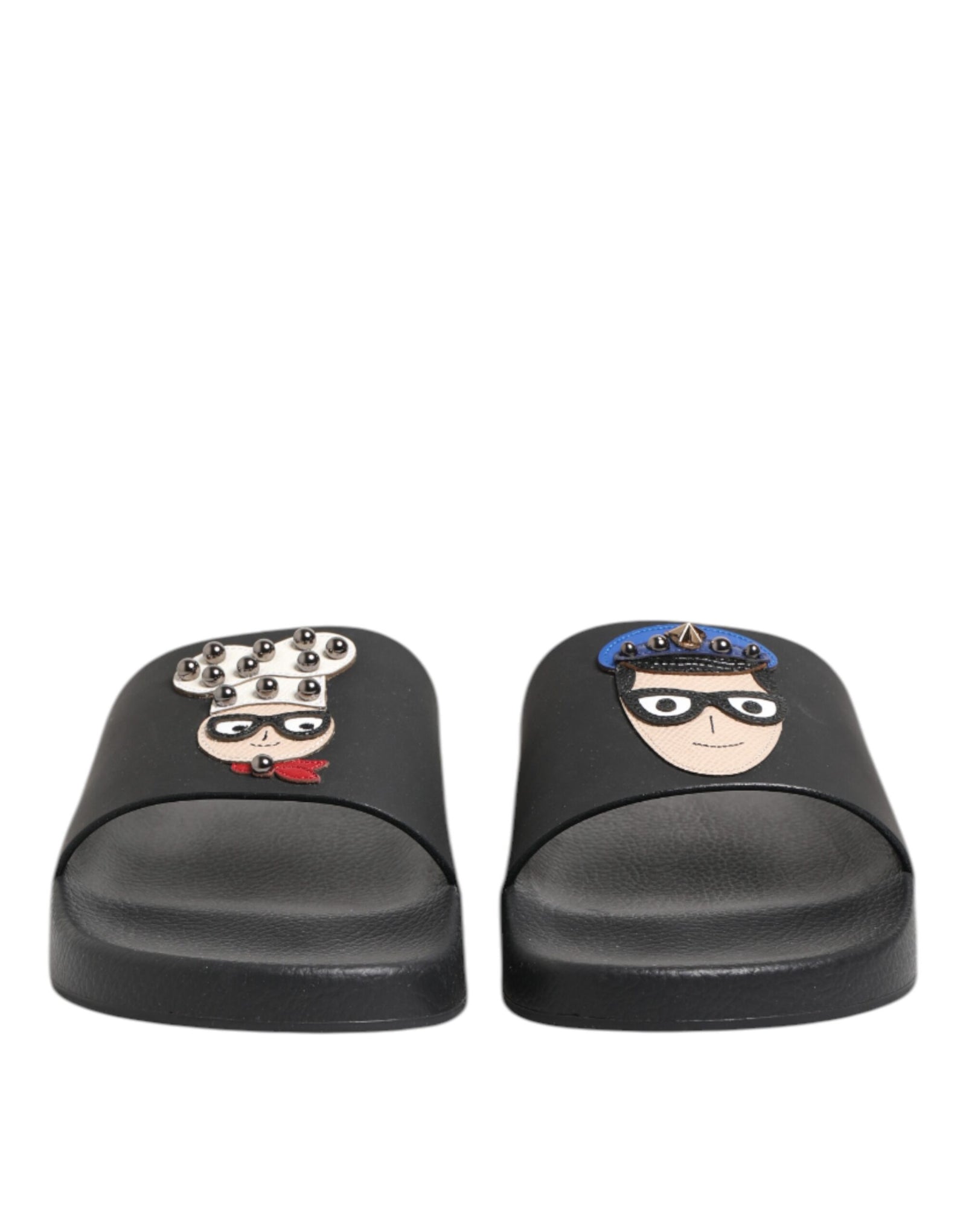 Dolce &amp; Gabbana Black Leather Slides Flats Beachwear Shoes