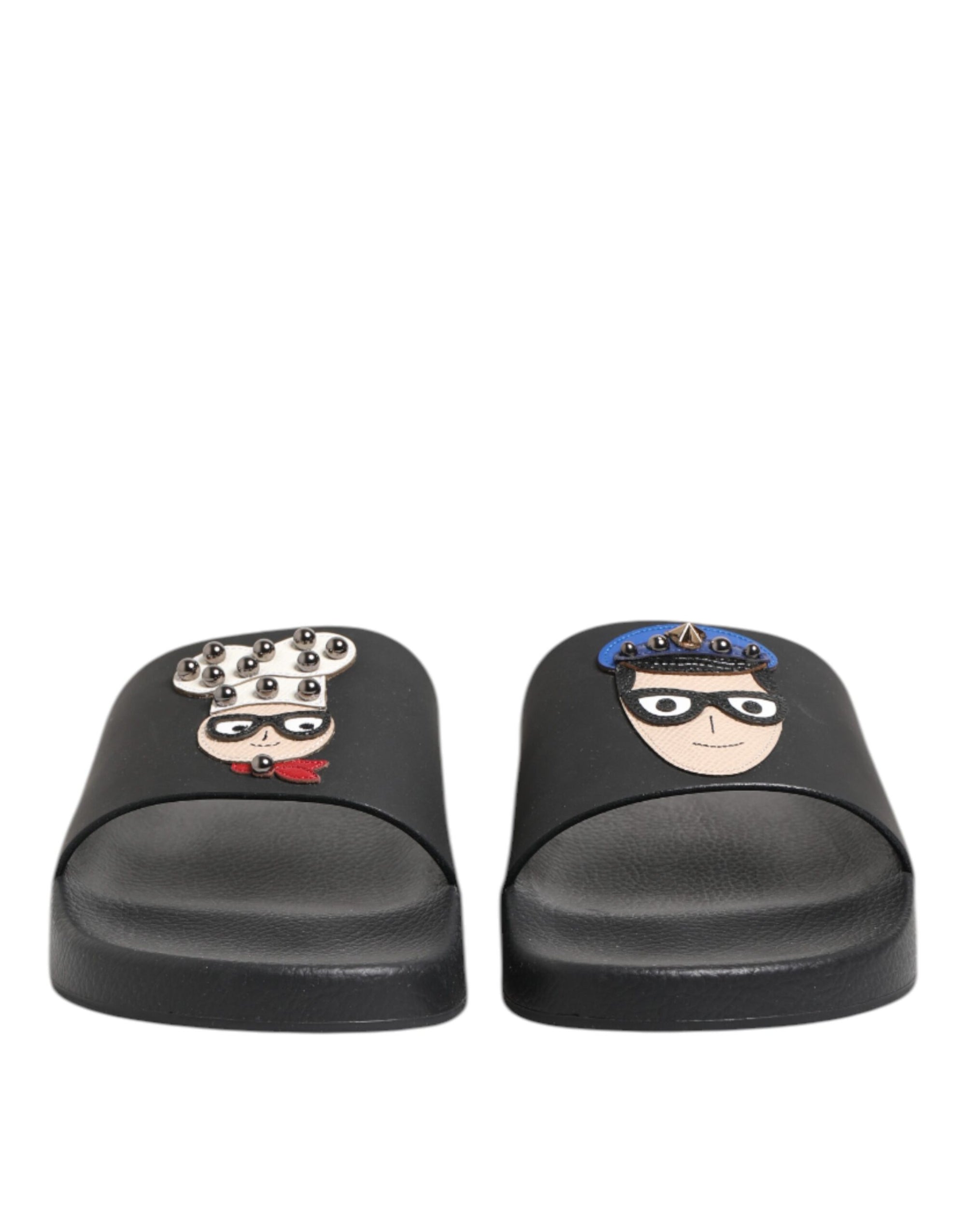 Claquettes plates en cuir noir Dolce &amp; Gabbana, chaussures de plage