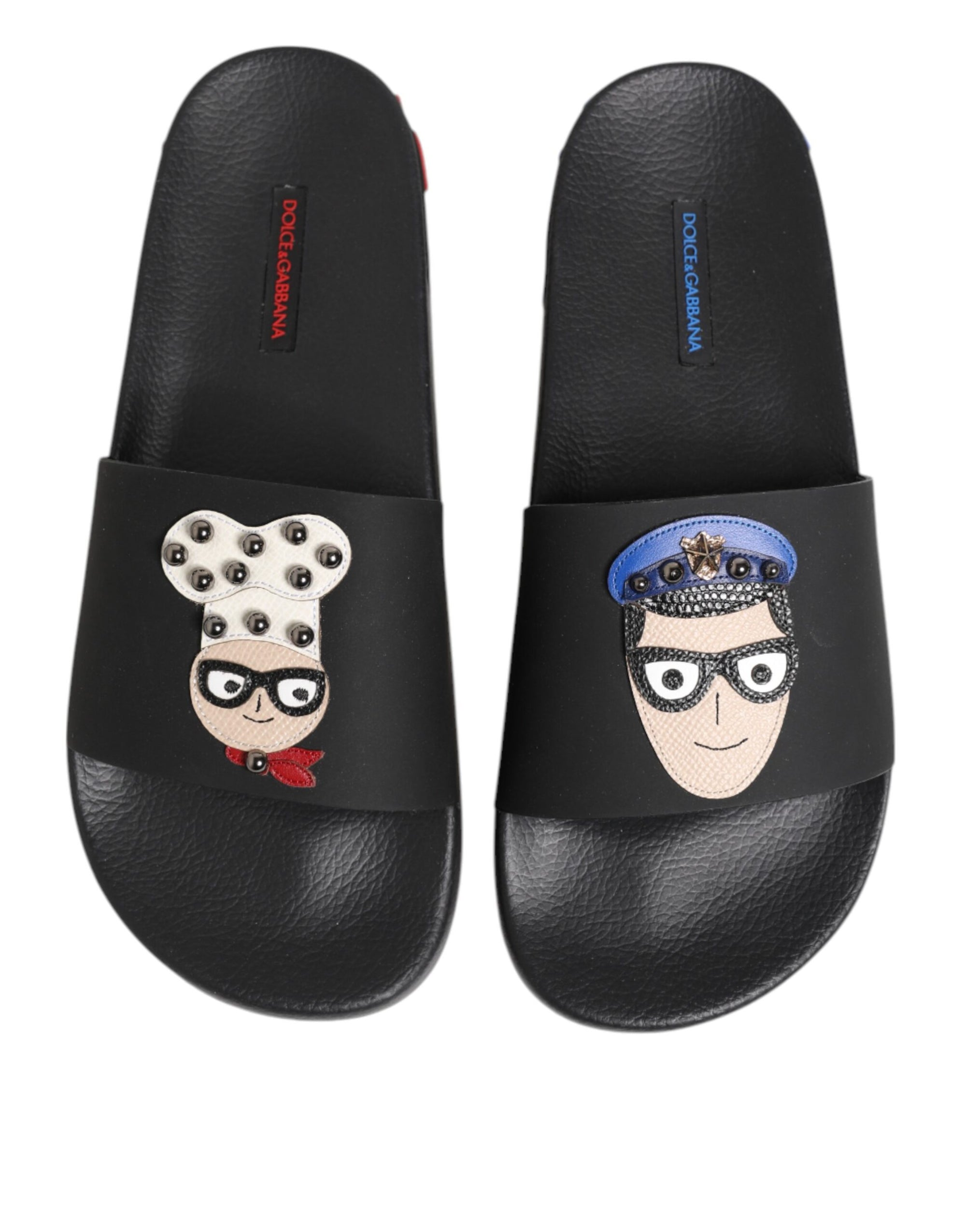 Claquettes plates en cuir noir Dolce &amp; Gabbana, chaussures de plage