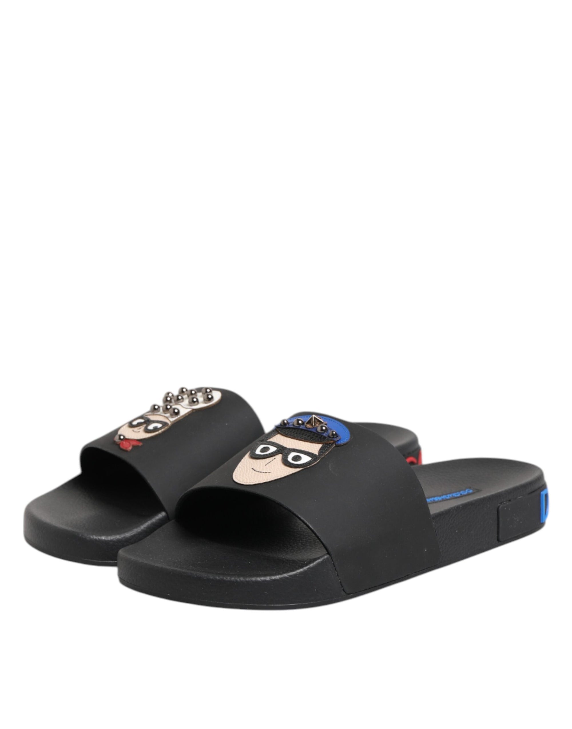 Claquettes plates en cuir noir Dolce &amp; Gabbana, chaussures de plage