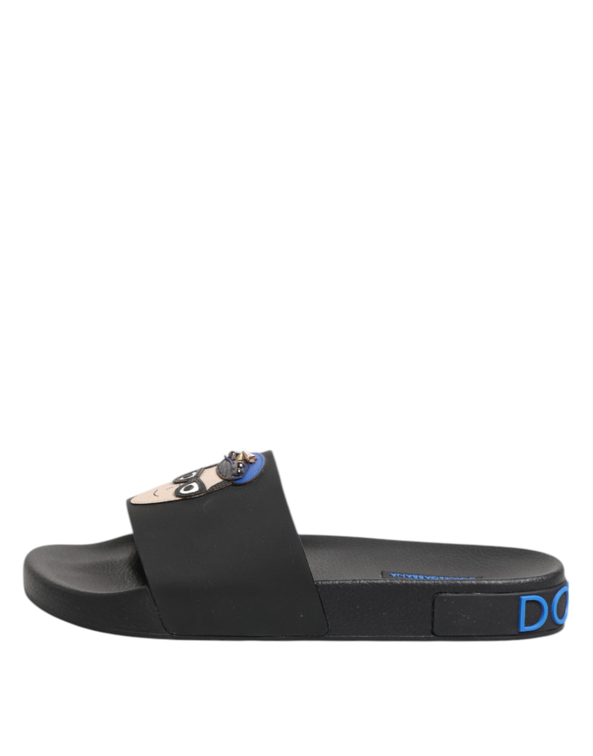 Claquettes plates en cuir noir Dolce &amp; Gabbana, chaussures de plage