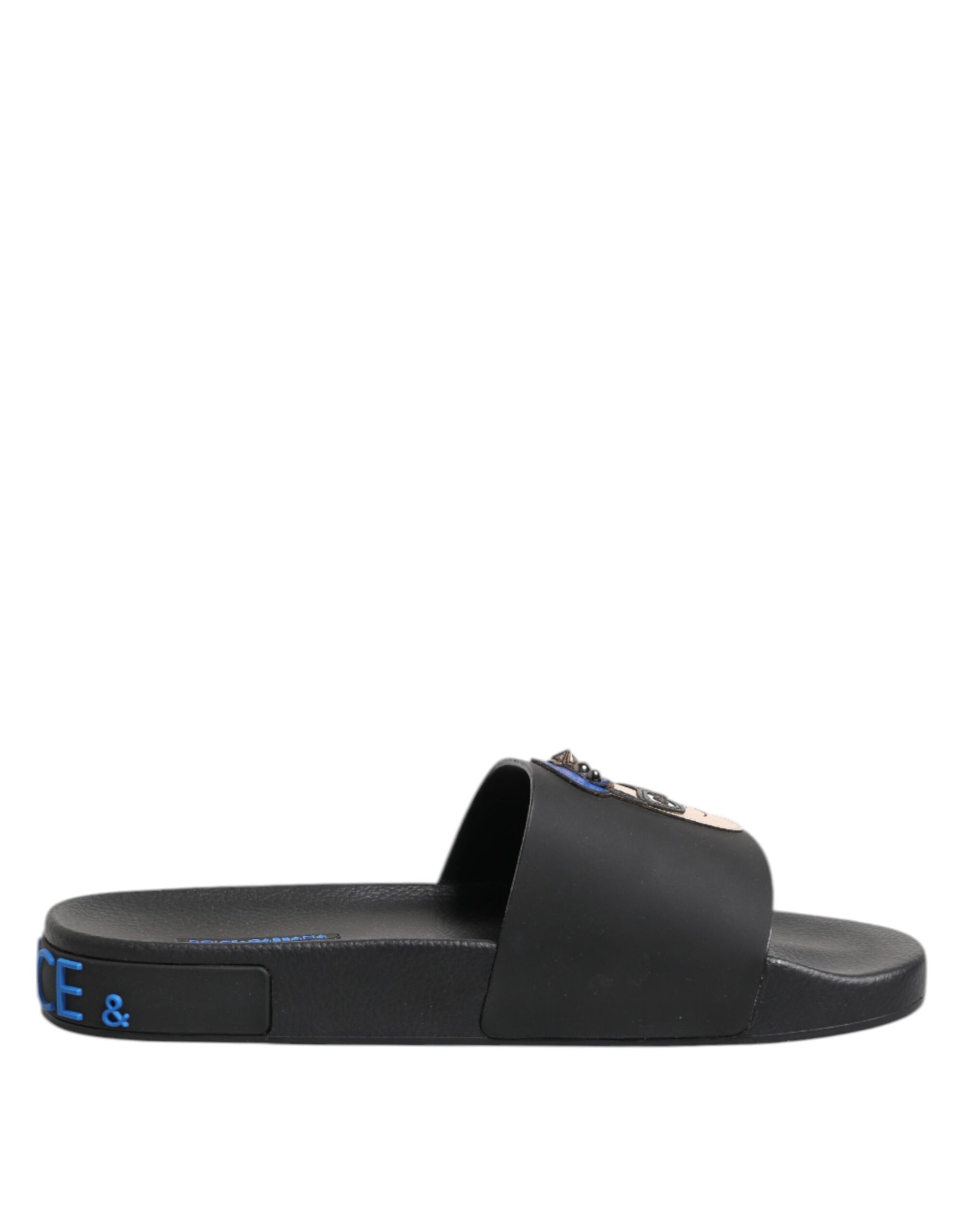 Claquettes plates en cuir noir Dolce &amp; Gabbana, chaussures de plage