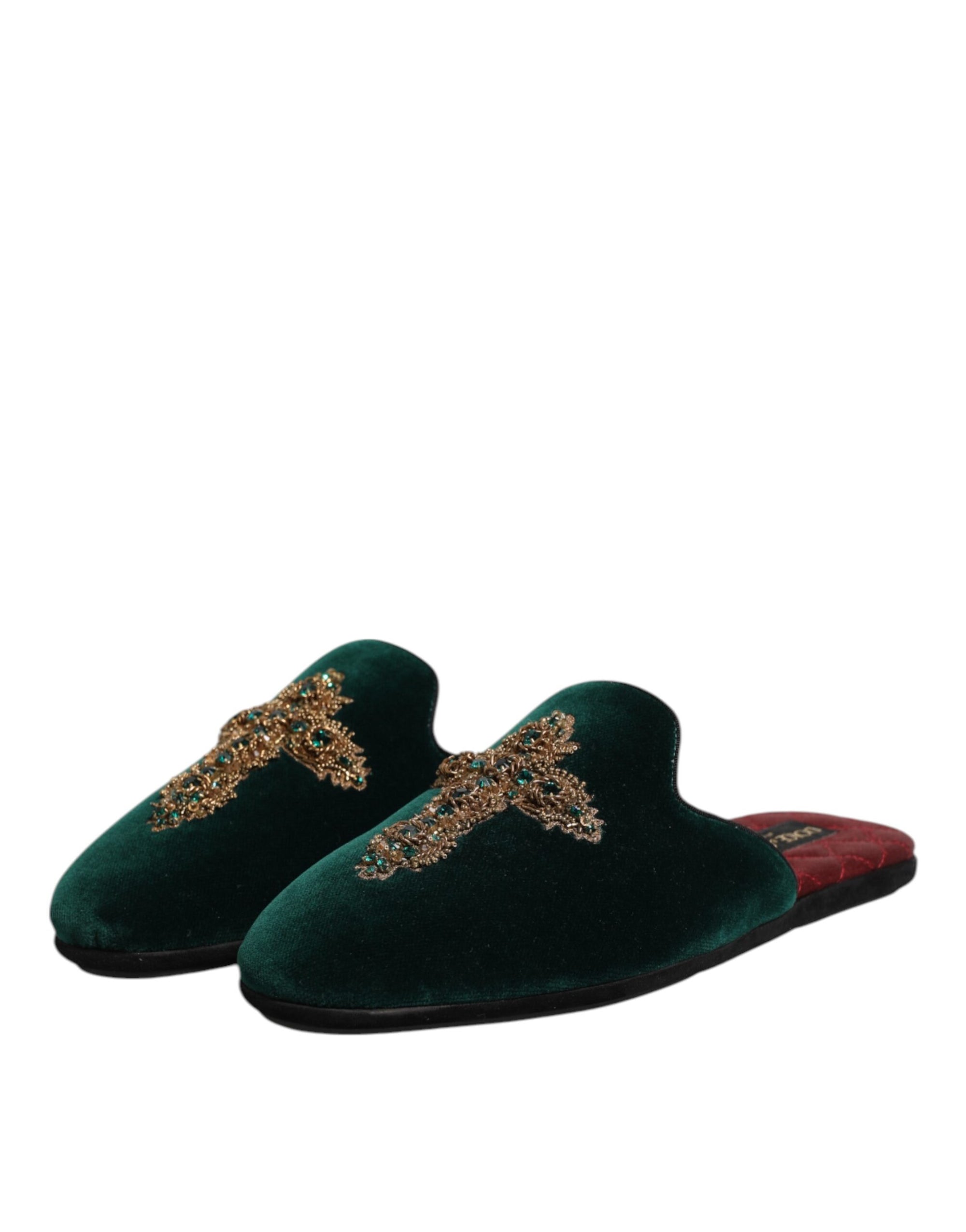 Chaussons Dolce &amp; Gabbana en velours vert ornés de croix