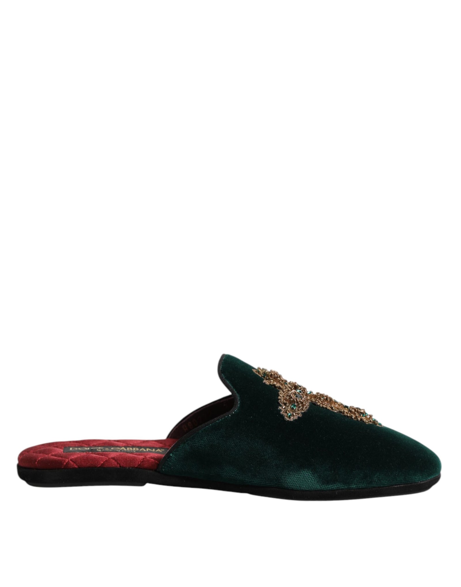Dolce &amp; Gabbana Green Velvet Cross Embellished Slippers Shoes
