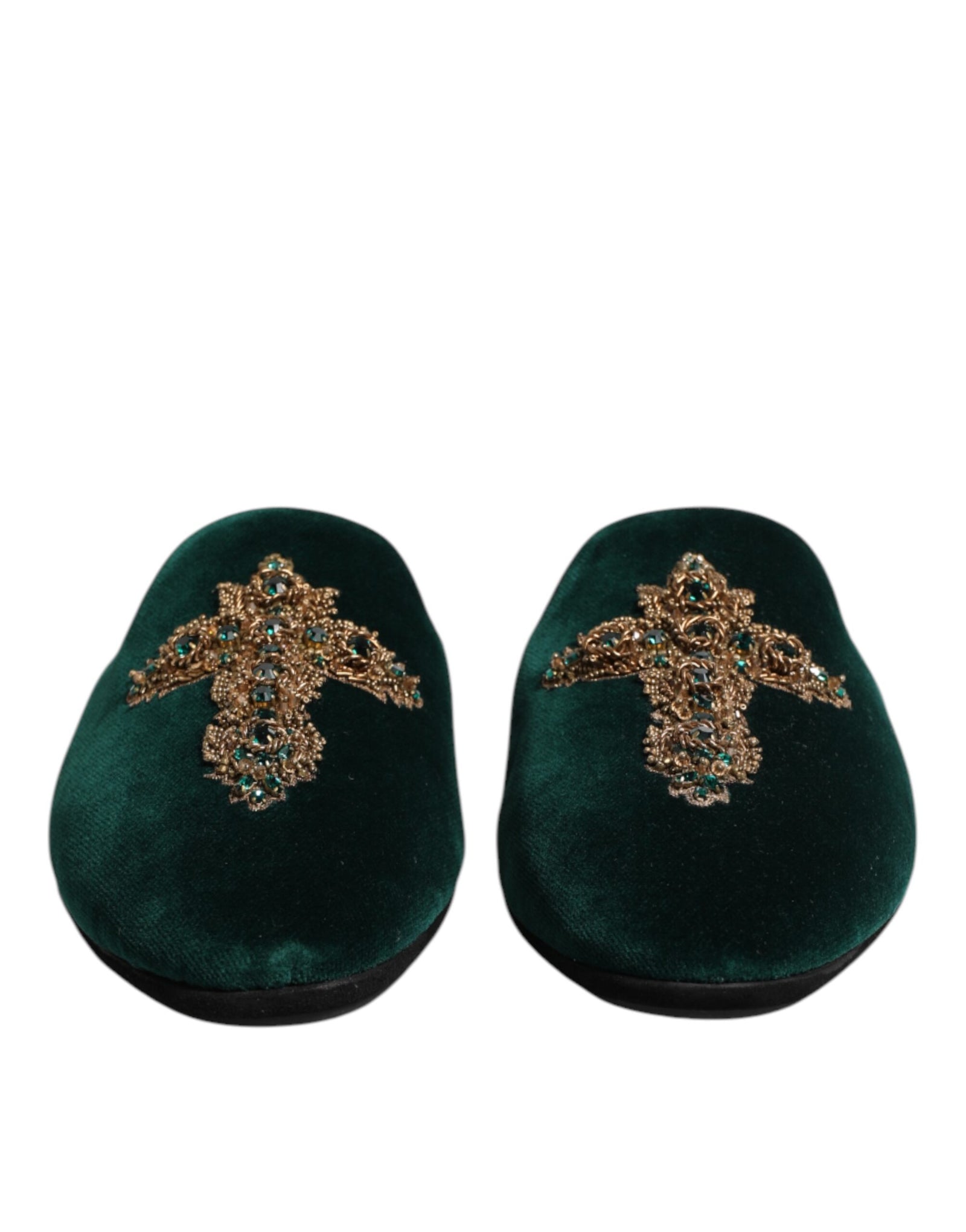 Dolce &amp; Gabbana Green Velvet Cross Embellished Slippers Shoes