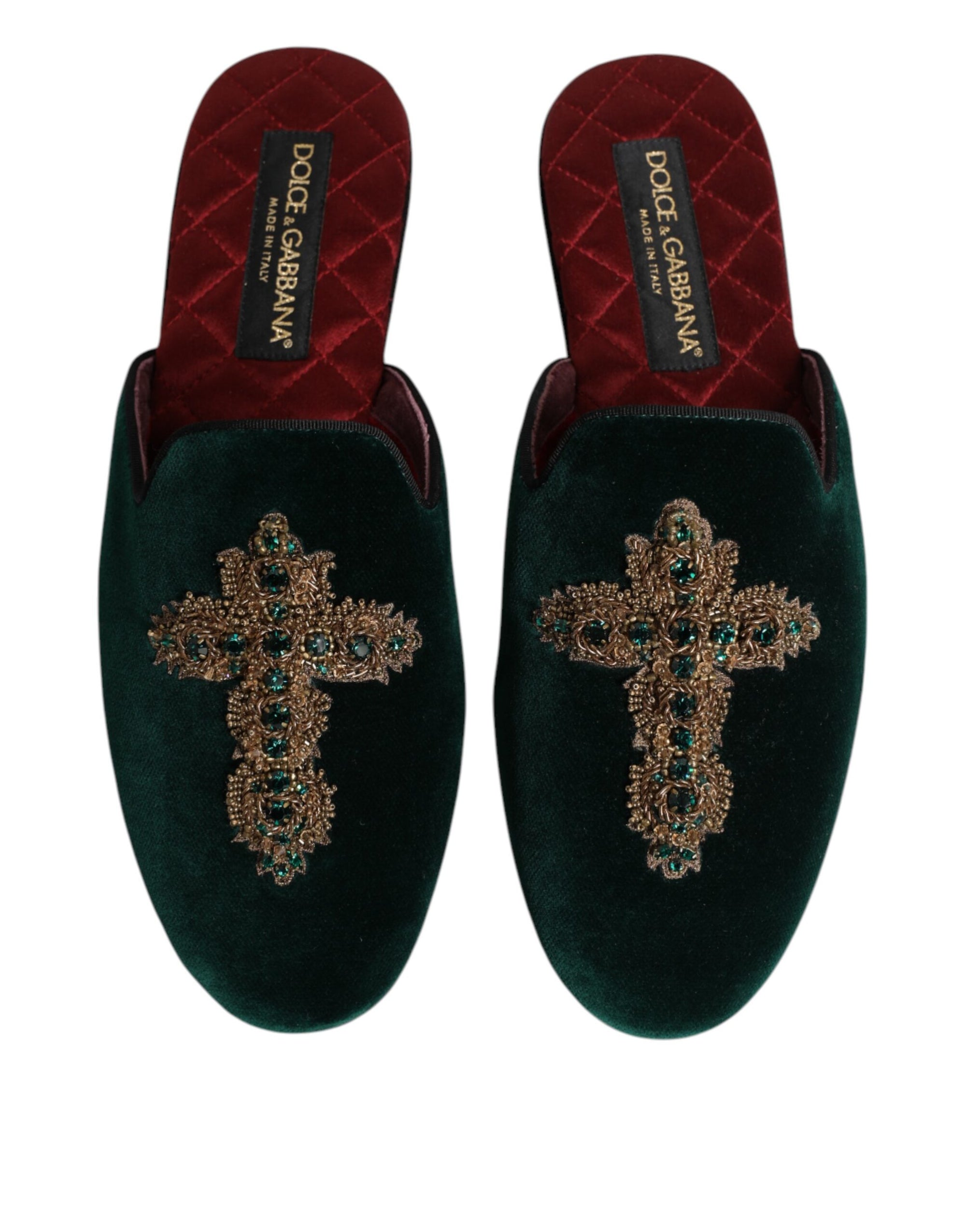Chaussons Dolce &amp; Gabbana en velours vert ornés de croix