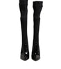 Dolce &amp; Gabbana Black Leather Ribbed Knit Knee Boots Shoes