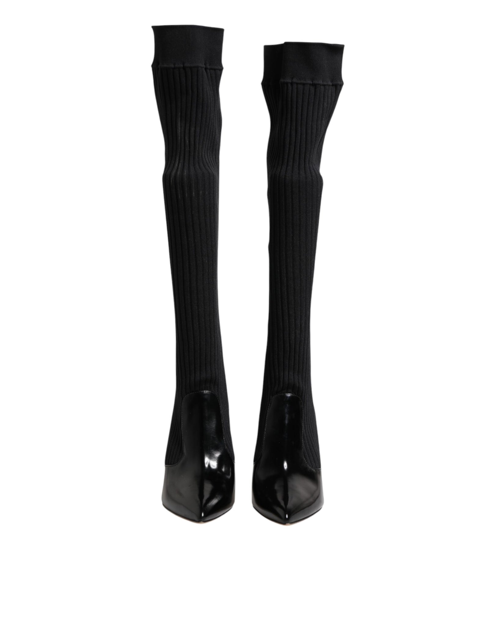 Dolce &amp; Gabbana Black Leather Ribbed Knit Knee Boots Shoes