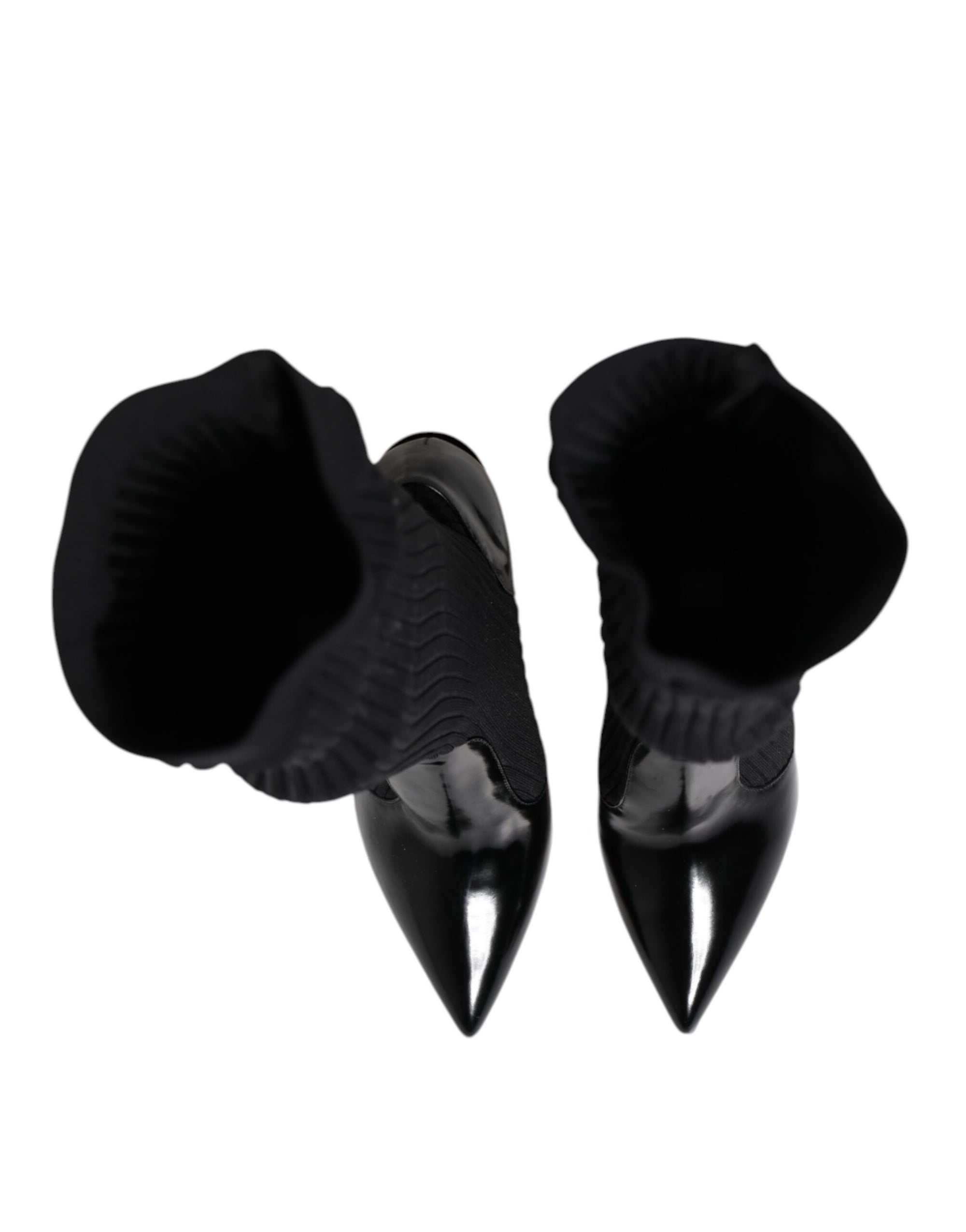 Dolce &amp; Gabbana Black Leather Ribbed Knit Knee Boots Shoes