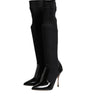 Dolce &amp; Gabbana Black Leather Ribbed Knit Knee Boots Shoes