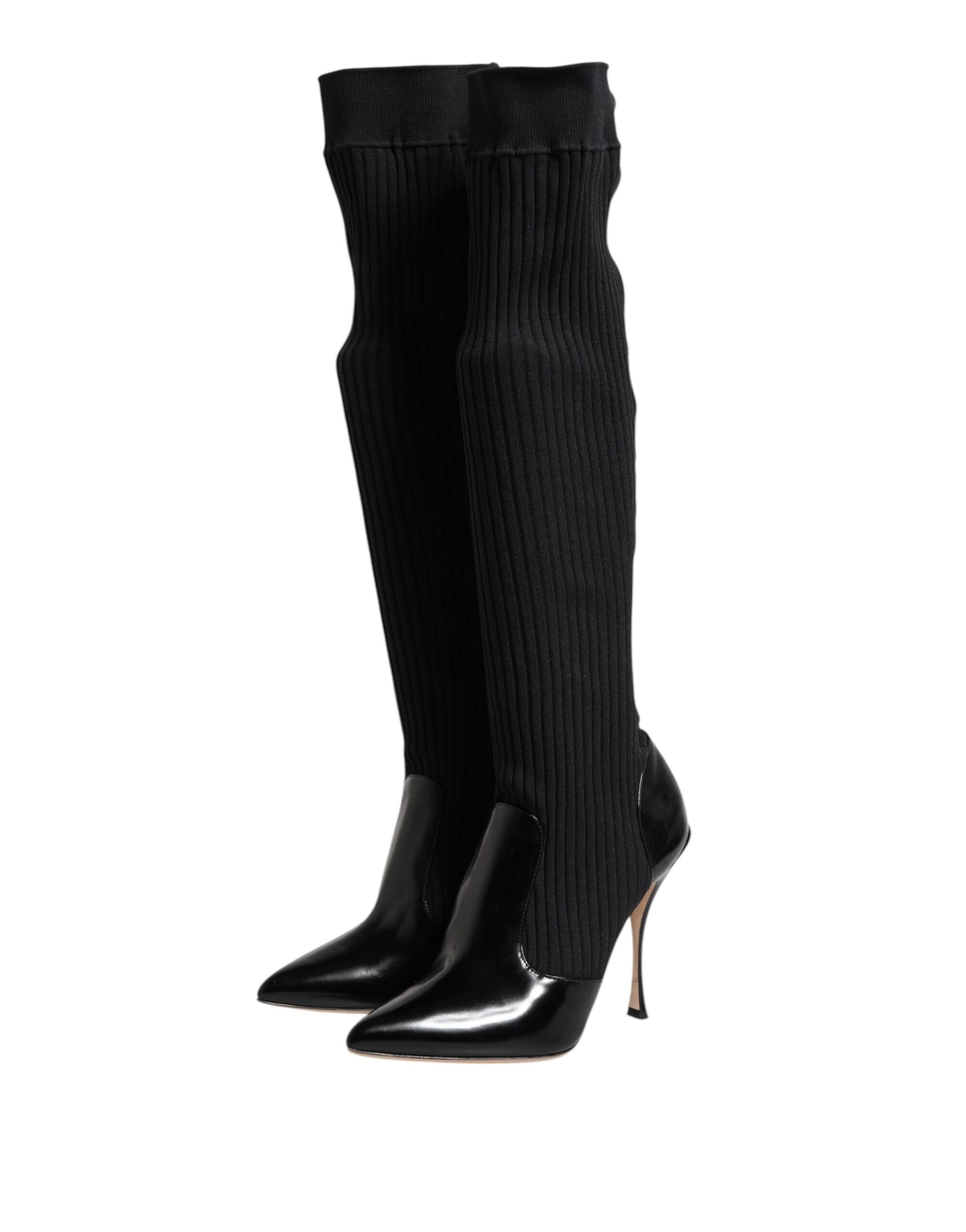 Dolce &amp; Gabbana Black Leather Ribbed Knit Knee Boots Shoes