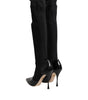 Dolce &amp; Gabbana Black Leather Ribbed Knit Knee Boots Shoes